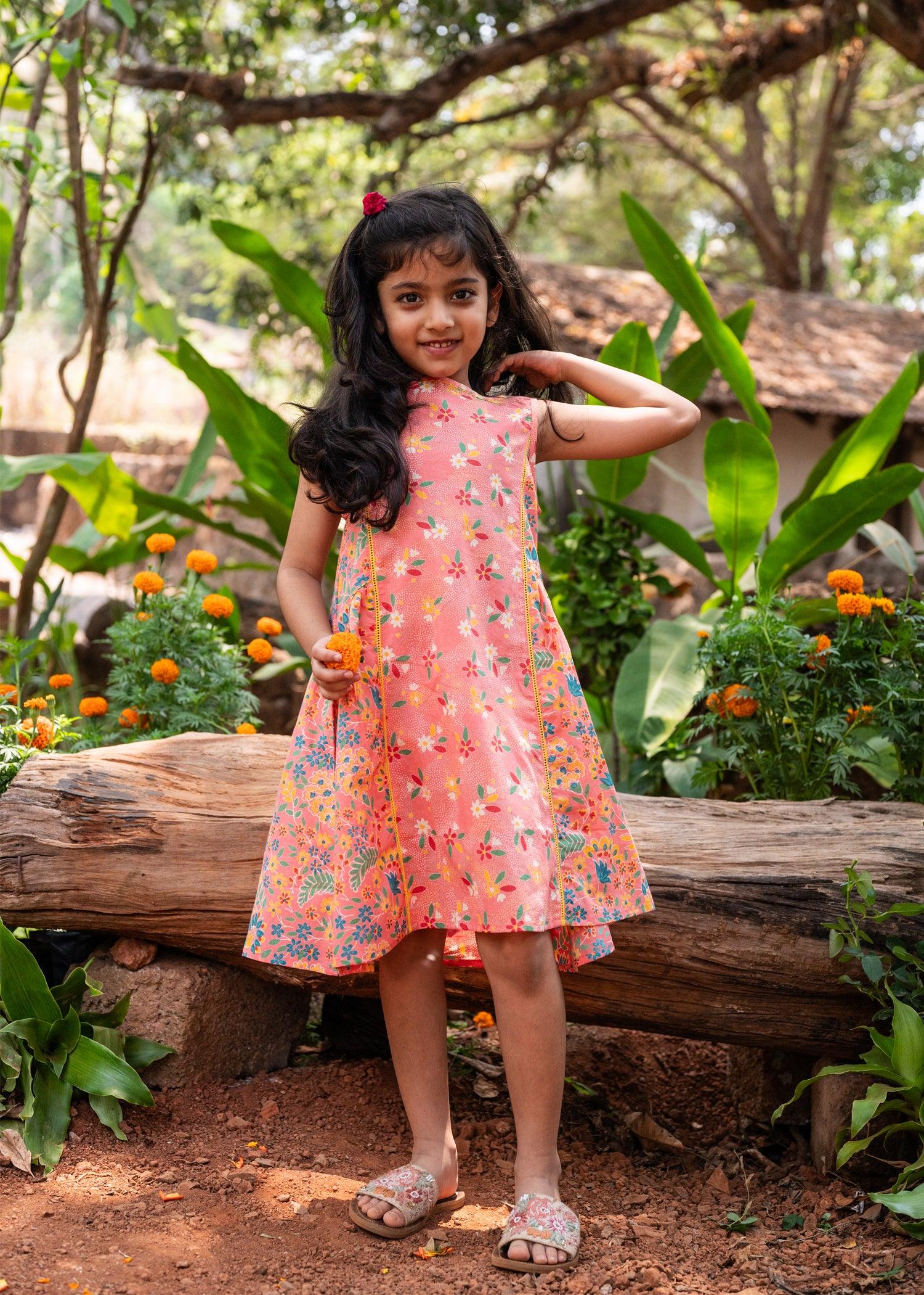 Peach Cotton Panelled Dress Girls (6 Months -12 Yrs) Ratan Texprocess Pvt. Ltd