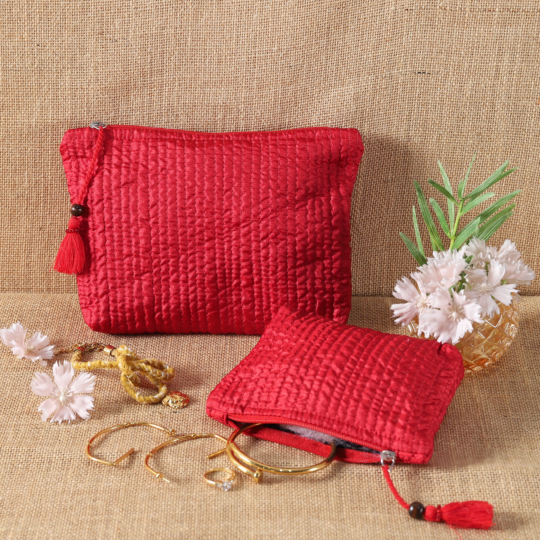 Red Quilted Silk Trinket Pouch (Set of 2) Ratan Texprocess Pvt. Ltd