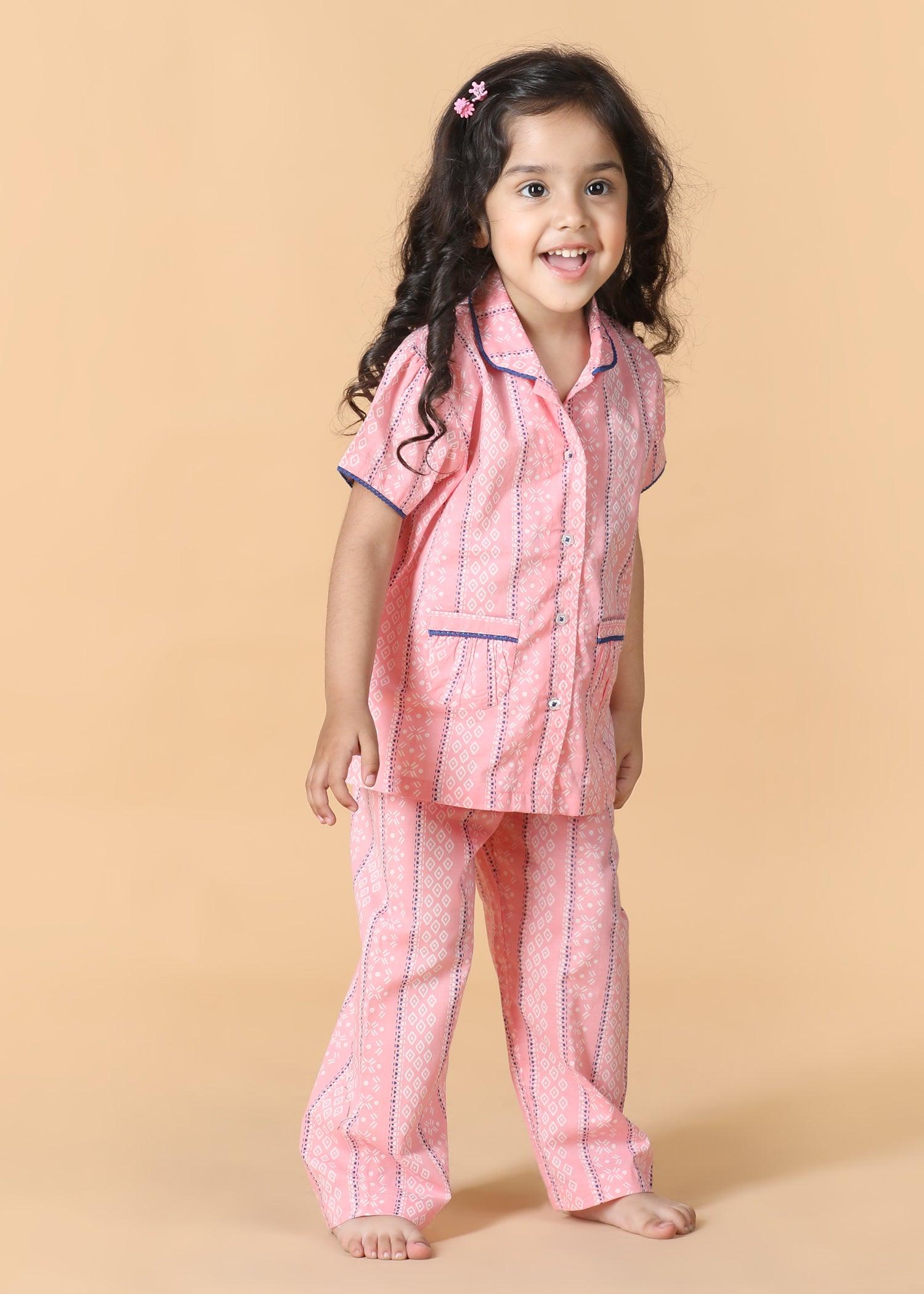 Diamond Stripe Pink Half Sleeves Cotton Girl's Nightsuit (1-12 Yrs) Ratan Texprocess Pvt. Ltd