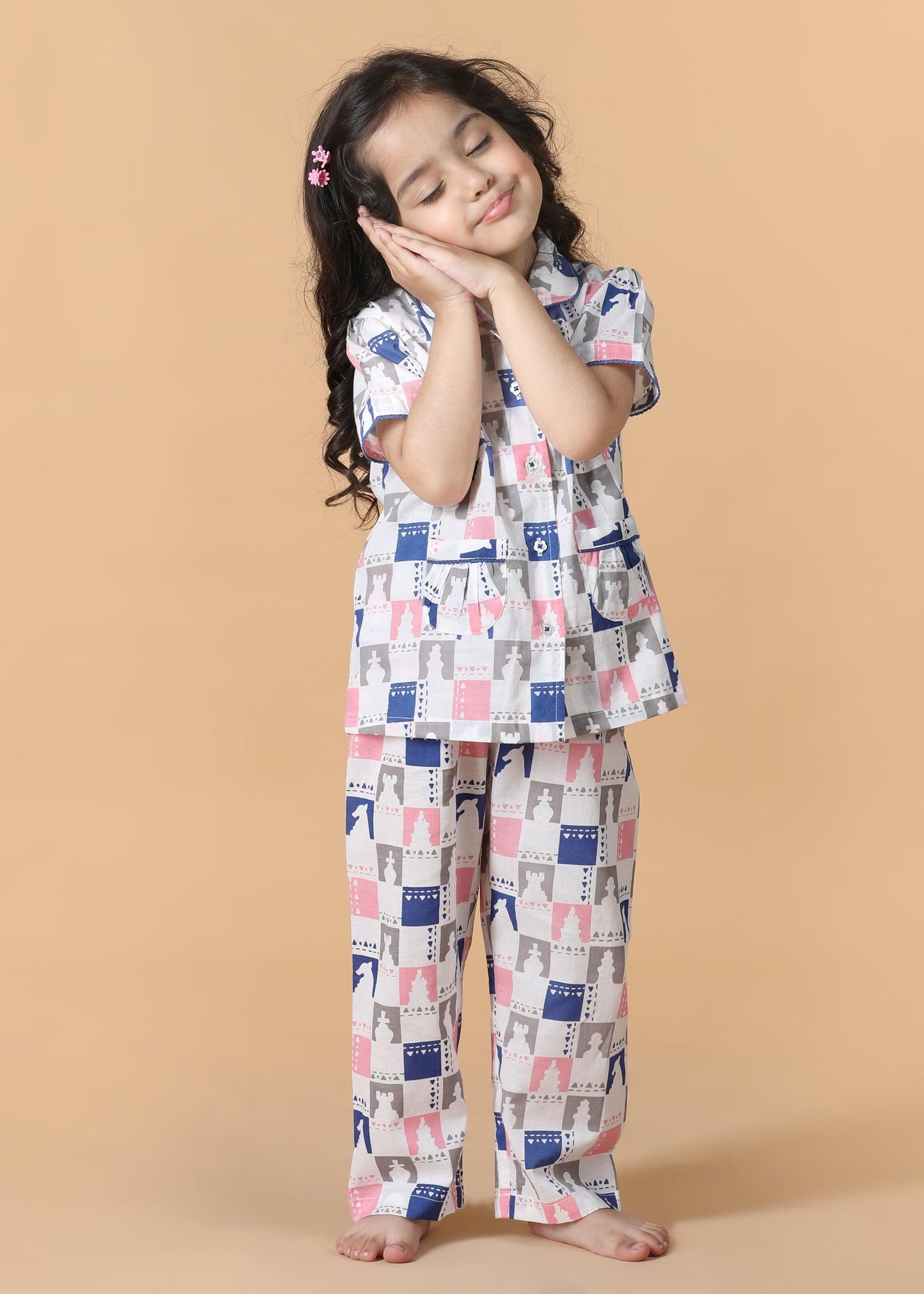 Chessboard Pink Half Sleeves Cotton Girl's Nightsuit (1-12 Yrs) Ratan Texprocess Pvt. Ltd