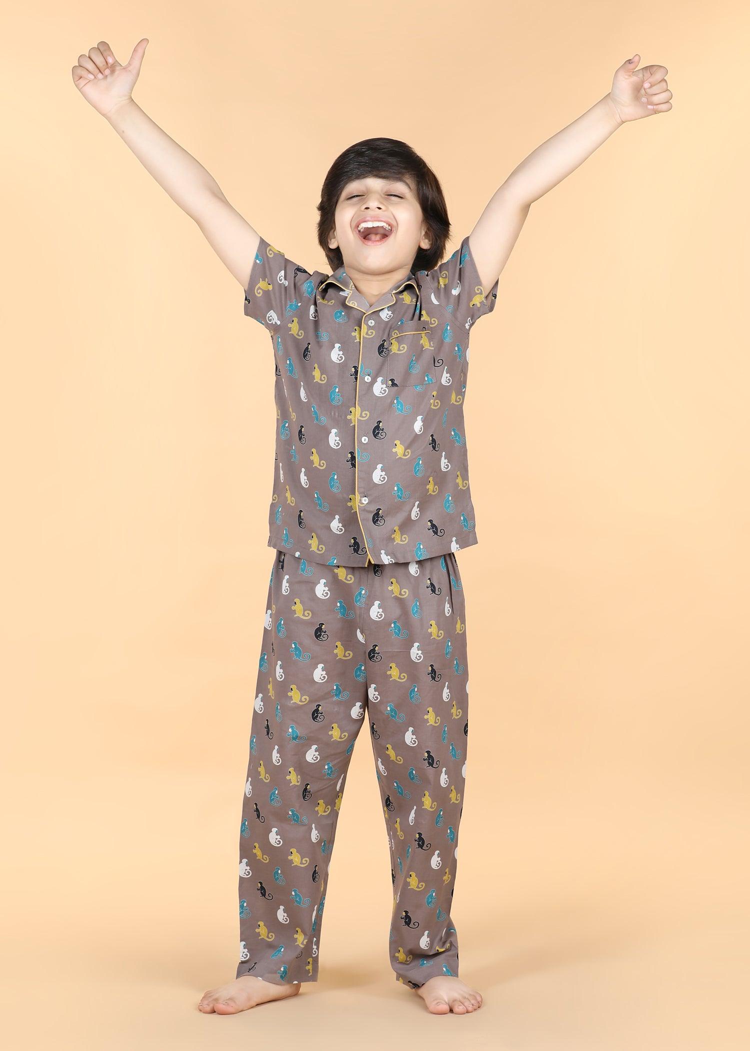 Wise Monkey Grey Half Sleeves Cotton Unisex Nightsuit (1-12 Yrs) Ratan Texprocess Pvt. Ltd