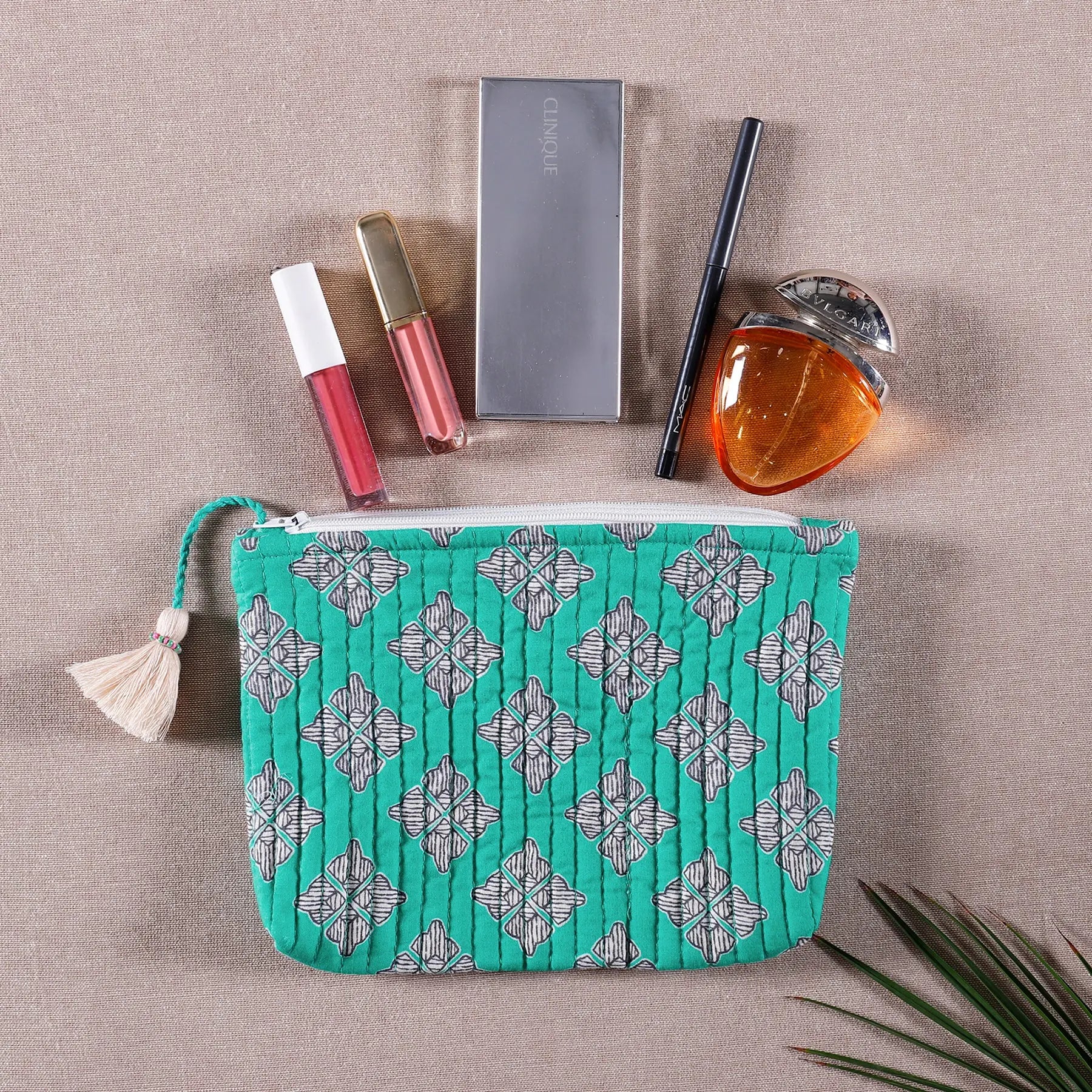 Geo Buti Green Quilted Cotton Trinket Pouch