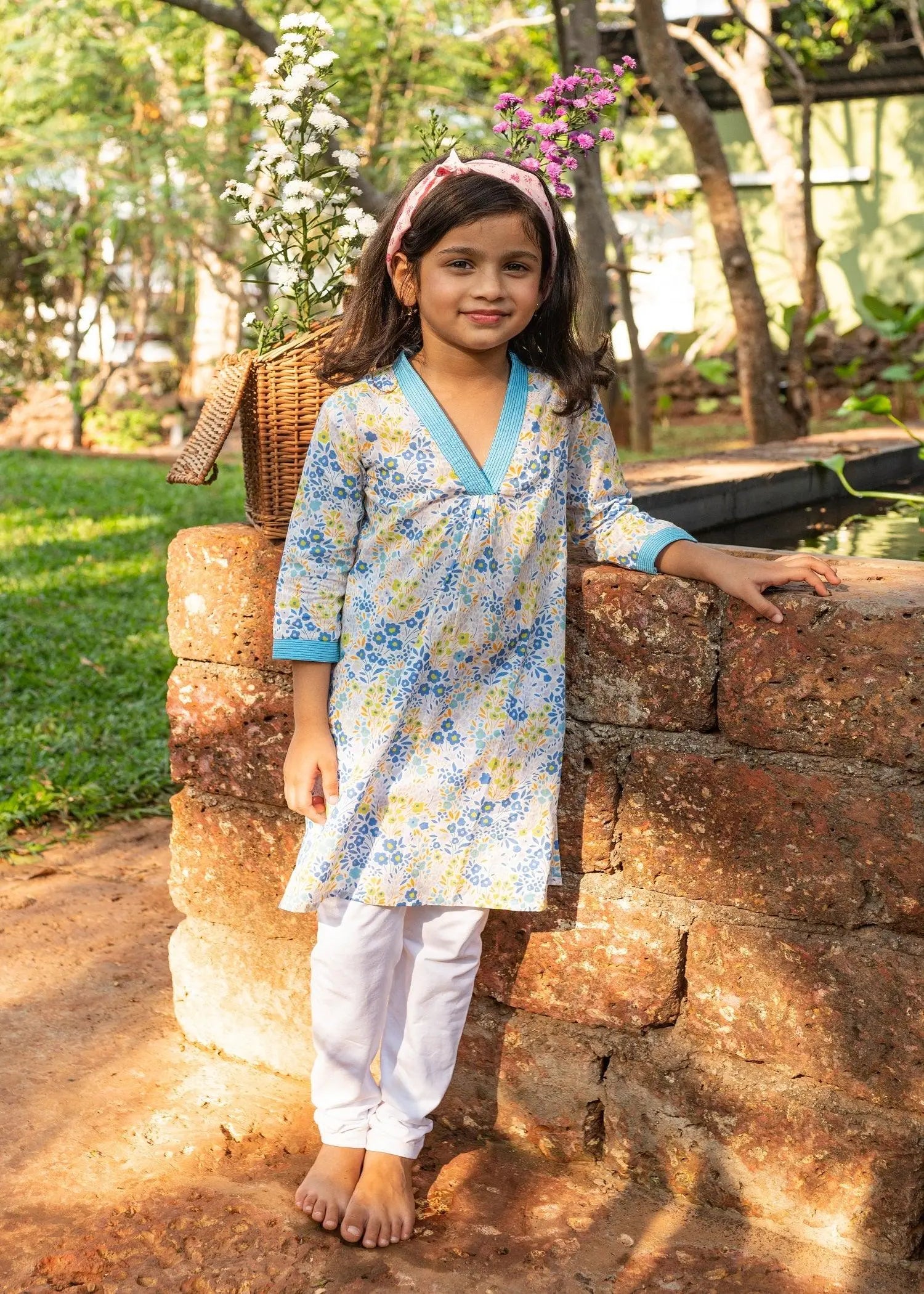 Flower Bed  Blue Cotton V- Neck Kurta Girls (2-12 Yrs)