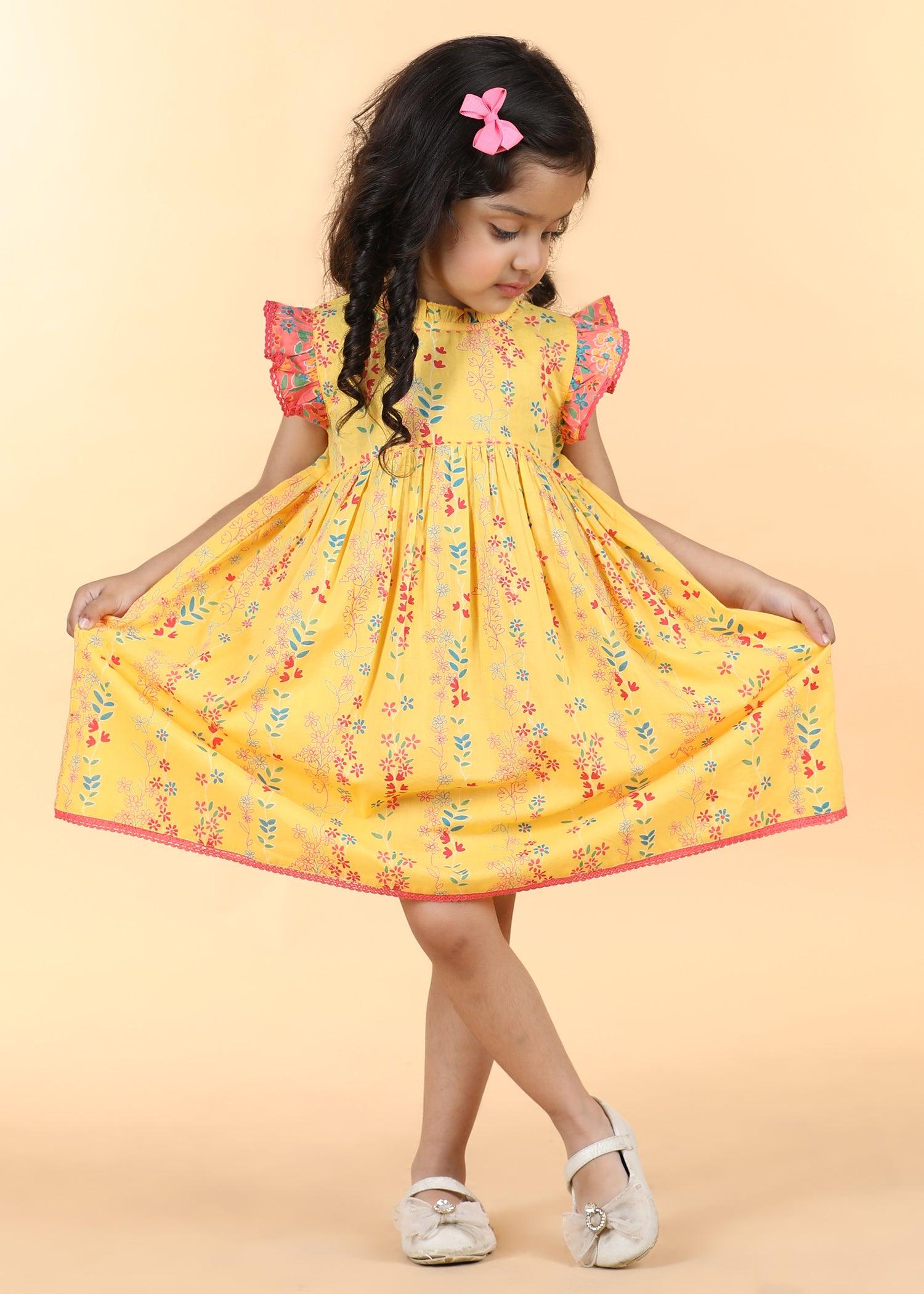 Yellow Cotton Takshita Dress Girls (6 Months -12 Yrs) Ratan Texprocess Pvt. Ltd