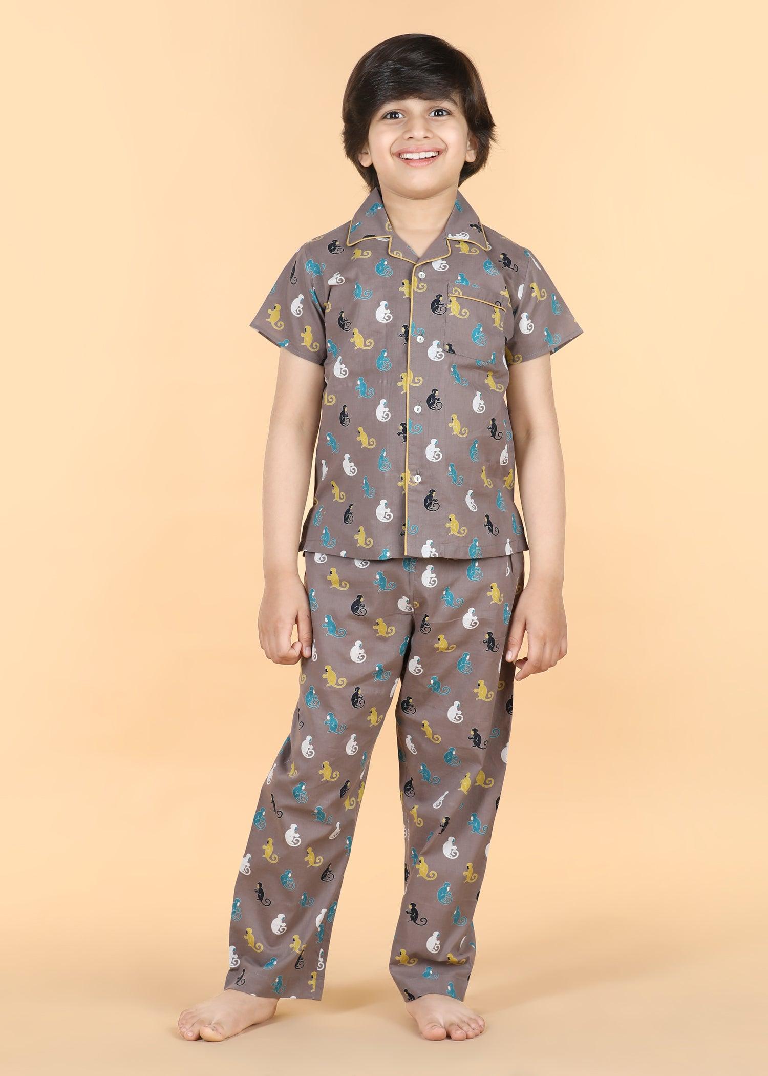 Wise Monkey Grey Half Sleeves Cotton Unisex Nightsuit (1-12 Yrs) Ratan Texprocess Pvt. Ltd