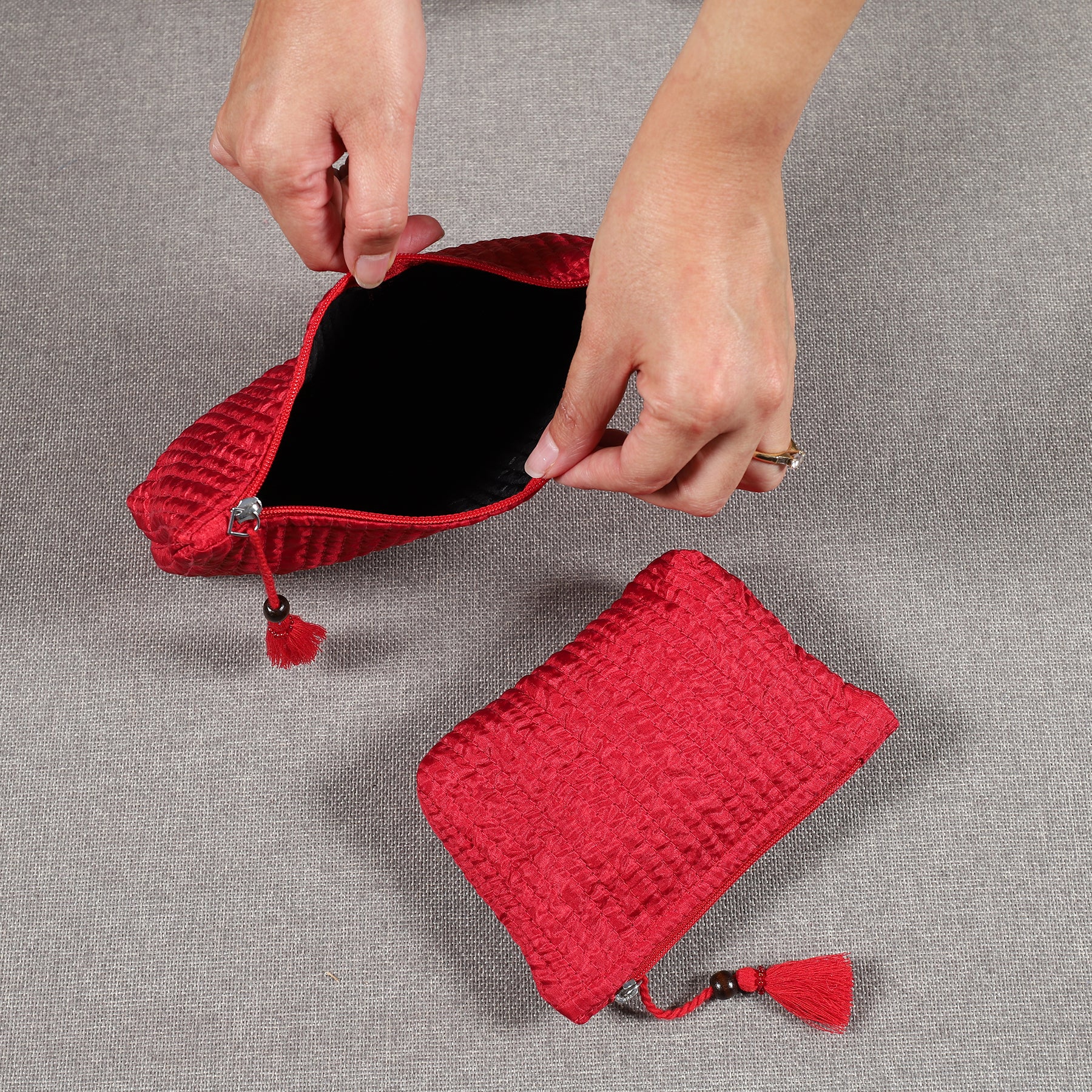 Red Quilted Silk Trinket Pouch (Set of 2) Ratan Texprocess Pvt. Ltd