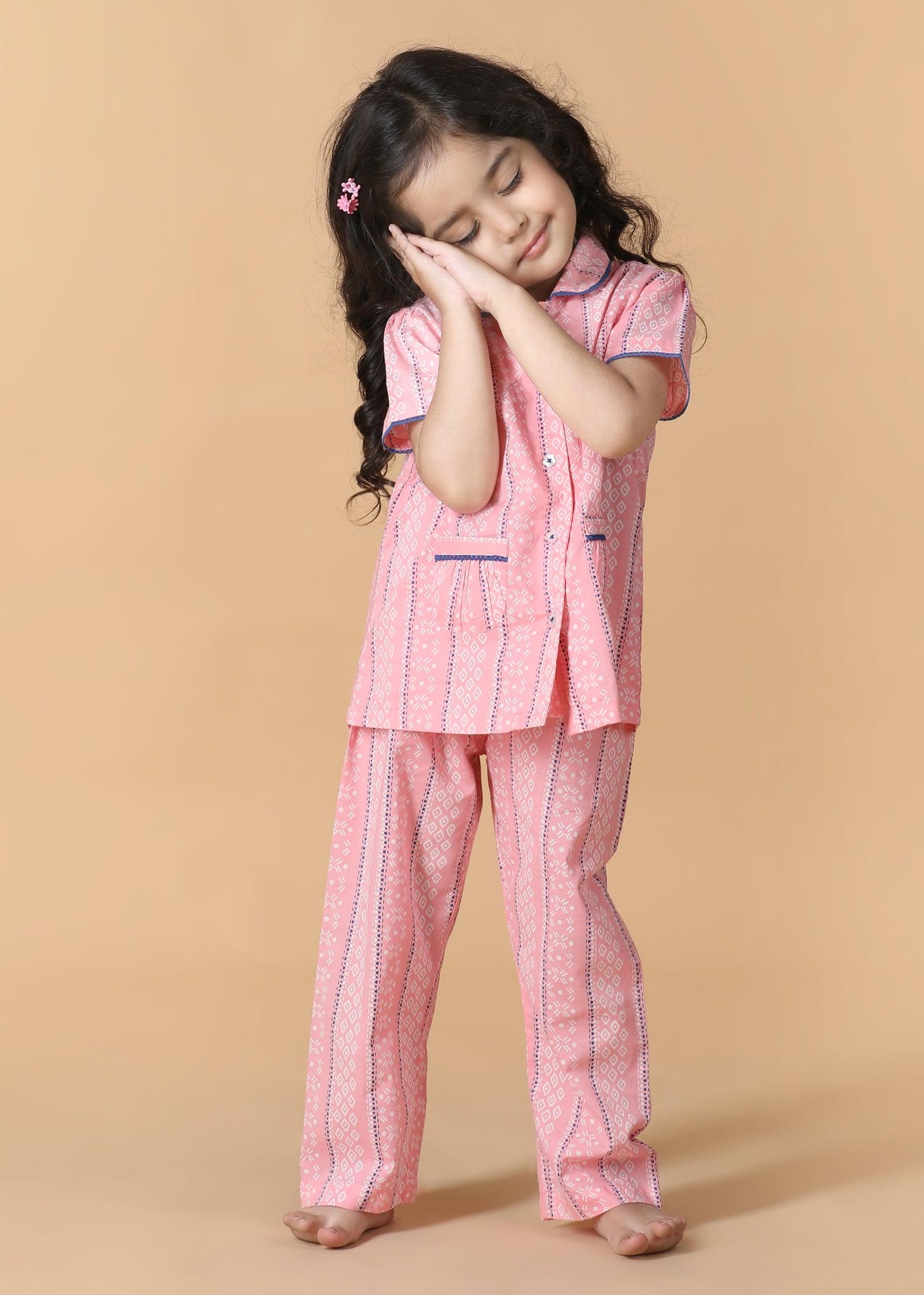 Diamond Stripe Pink Half Sleeves Cotton Girl's Nightsuit (1-12 Yrs) Ratan Texprocess Pvt. Ltd