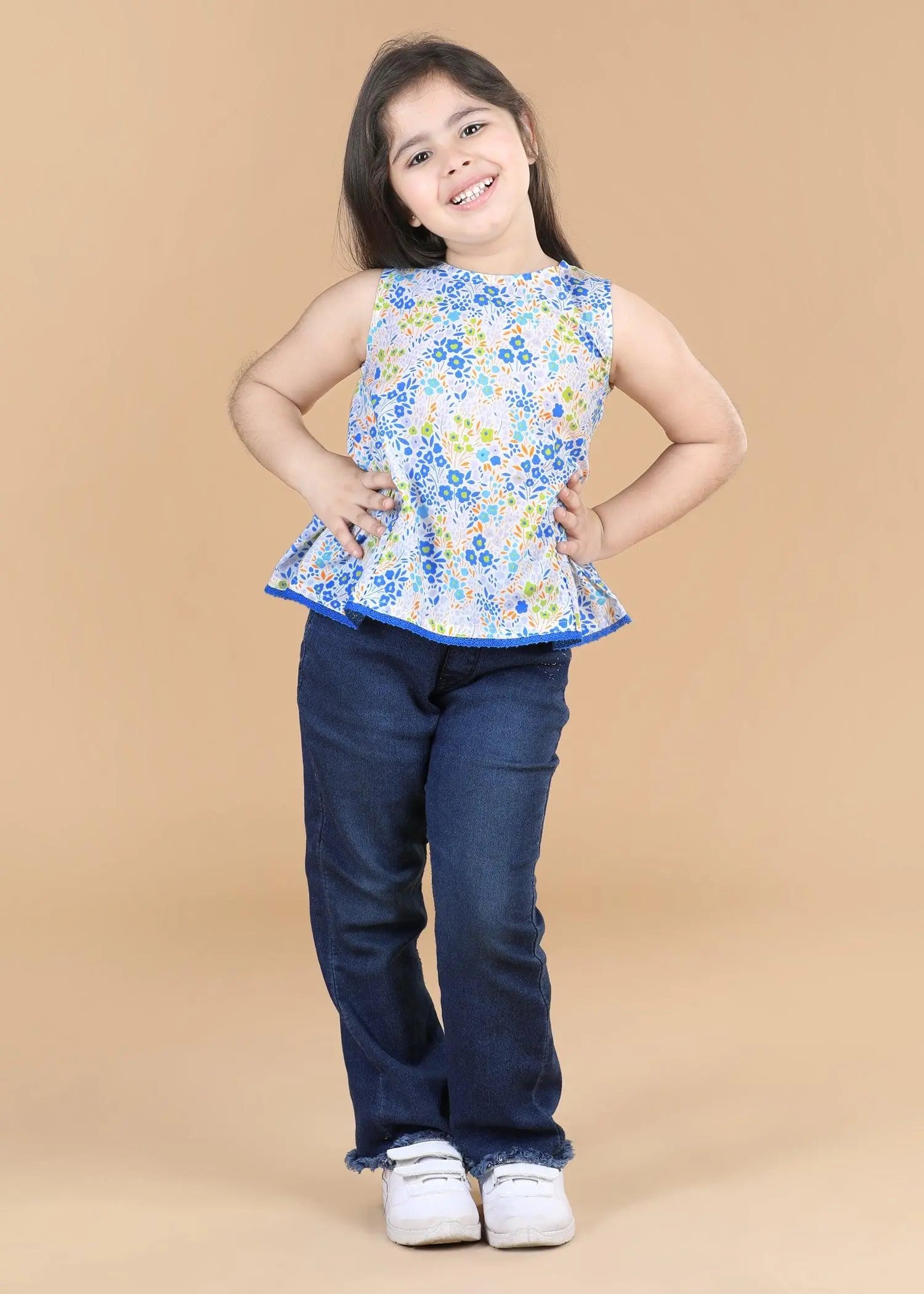 Flower Bed Blue Cotton Noor Top Girls  (2-12 Years)