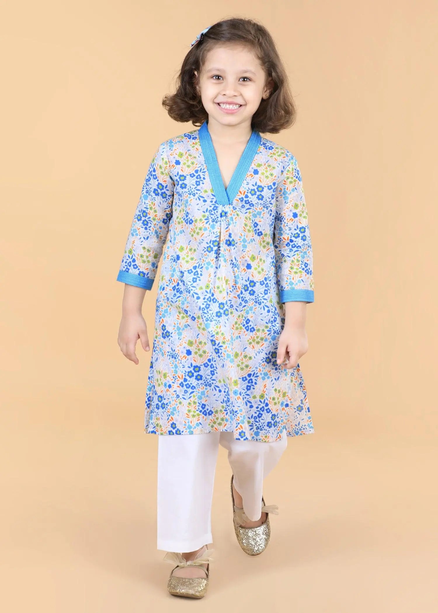 Flower Bed  Blue Cotton V- Neck Kurta Girls (2-12 Yrs)