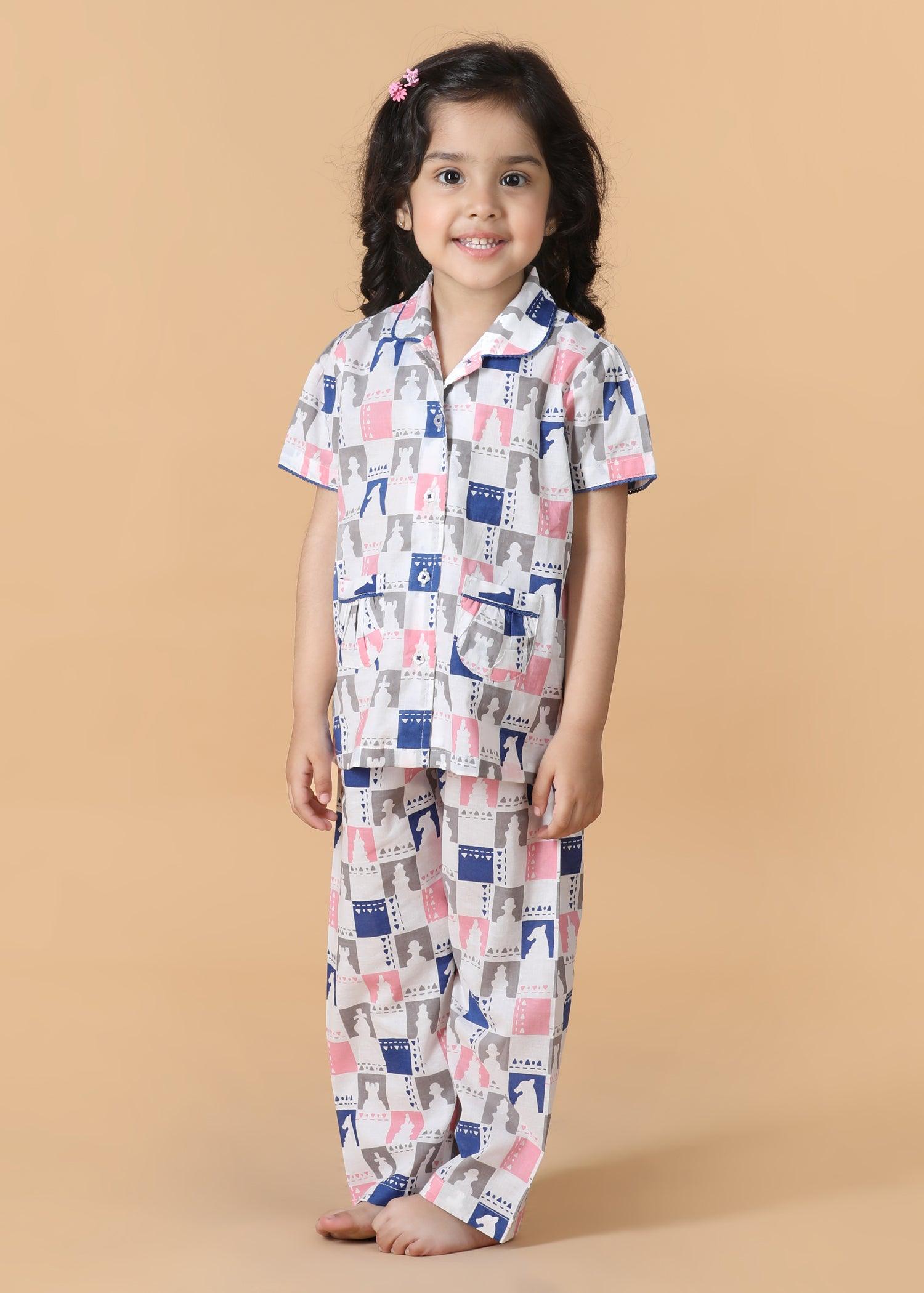 Chessboard Pink Half Sleeves Cotton Girl's Nightsuit (1-12 Yrs) Ratan Texprocess Pvt. Ltd