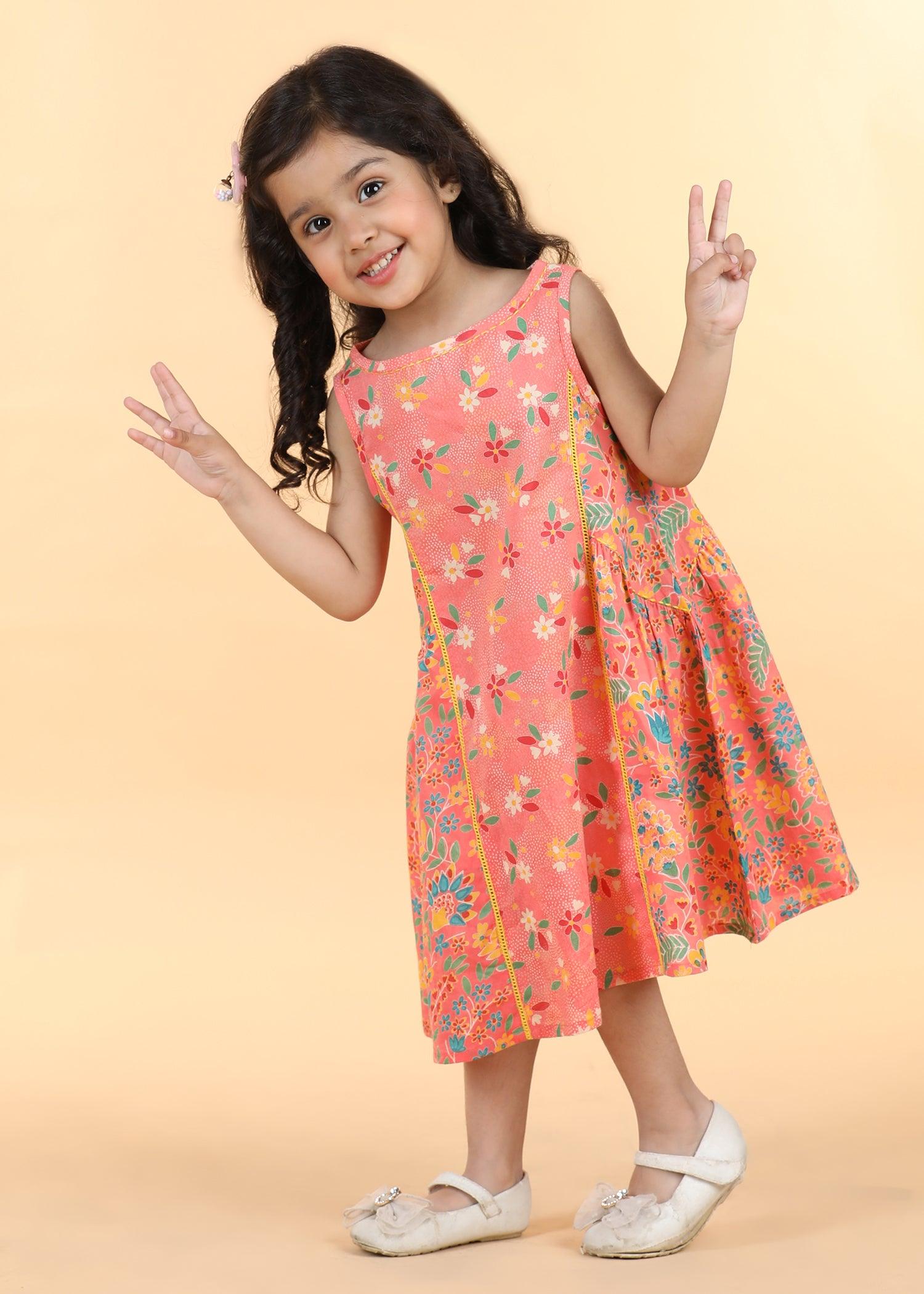 Peach Cotton Panelled Dress Girls (6 Months -12 Yrs) Ratan Texprocess Pvt. Ltd