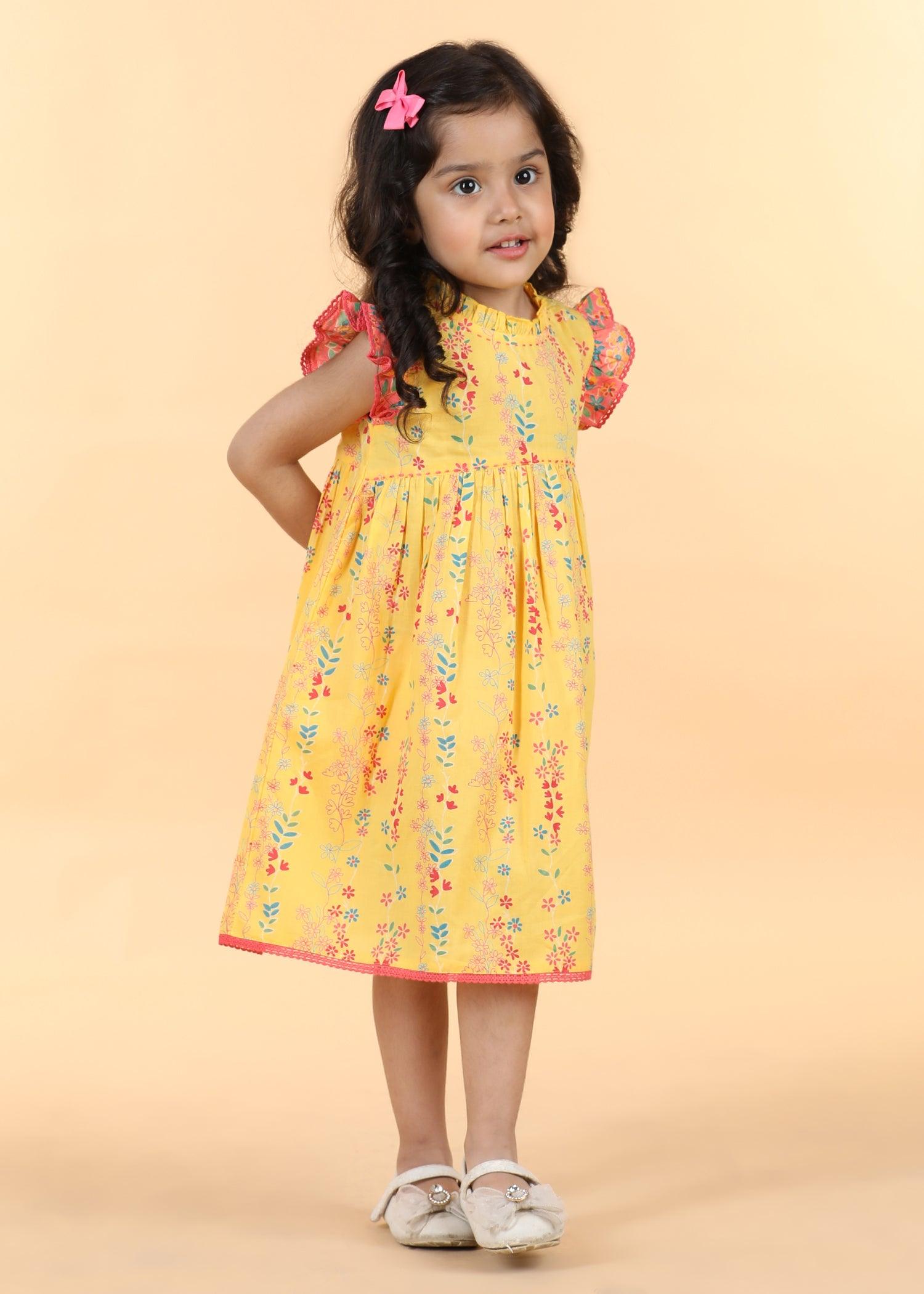 Yellow Cotton Takshita Dress Girls (6 Months -12 Yrs) Ratan Texprocess Pvt. Ltd