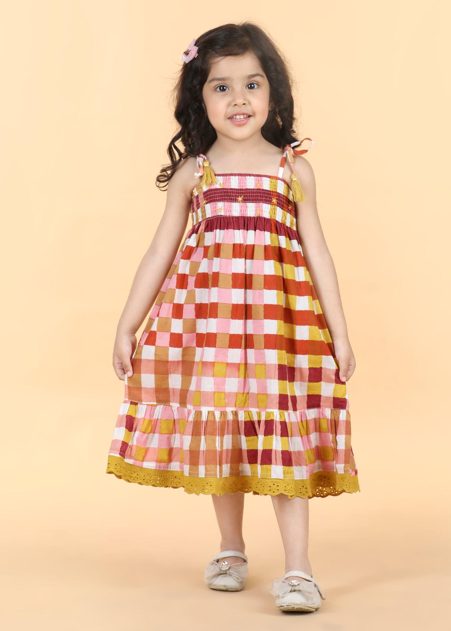 Gingham Mocha Cotton Sunflower Dress Girls (6 Months -12 Yrs) Ratan Texprocess Pvt. Ltd