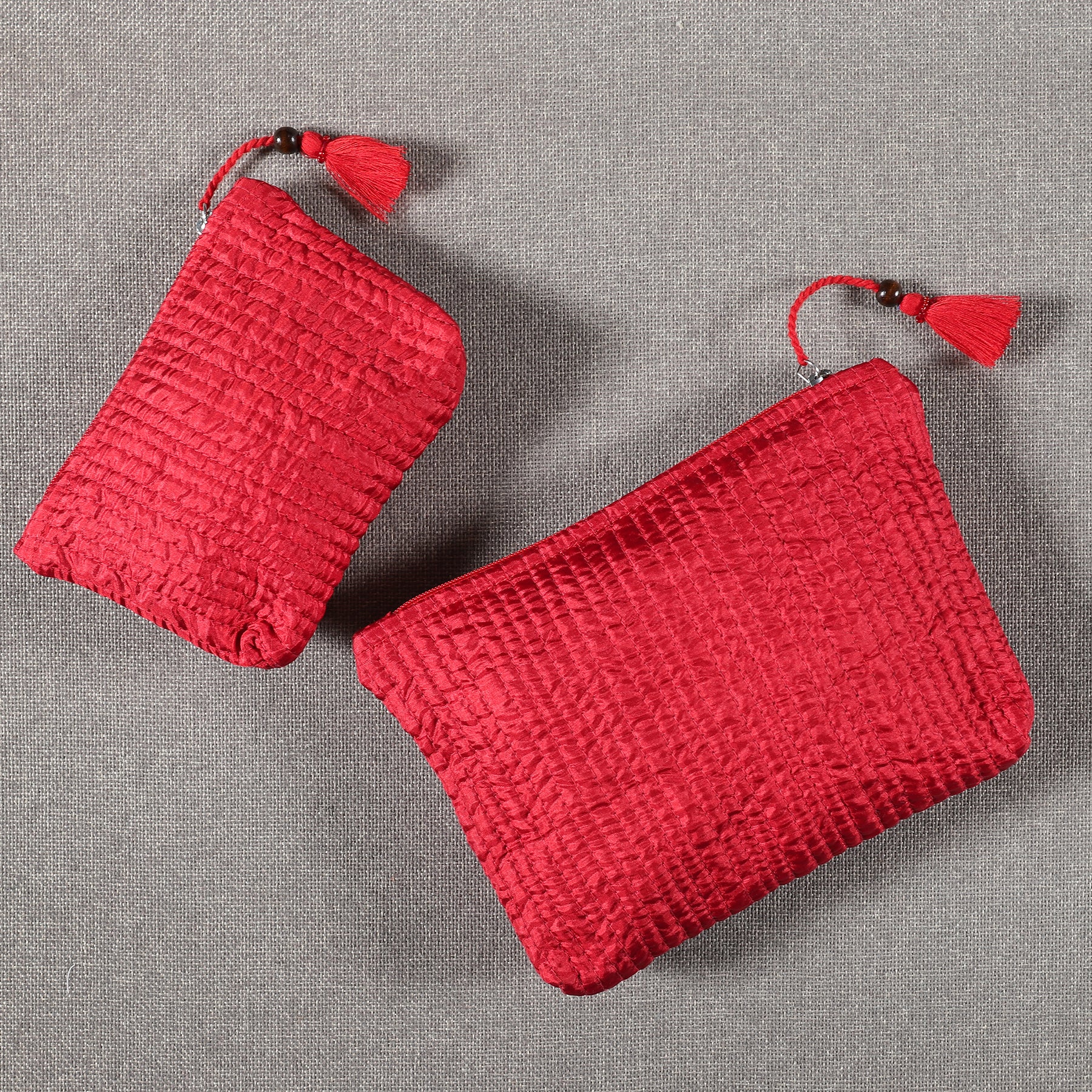 Red Quilted Silk Trinket Pouch (Set of 2) Ratan Texprocess Pvt. Ltd