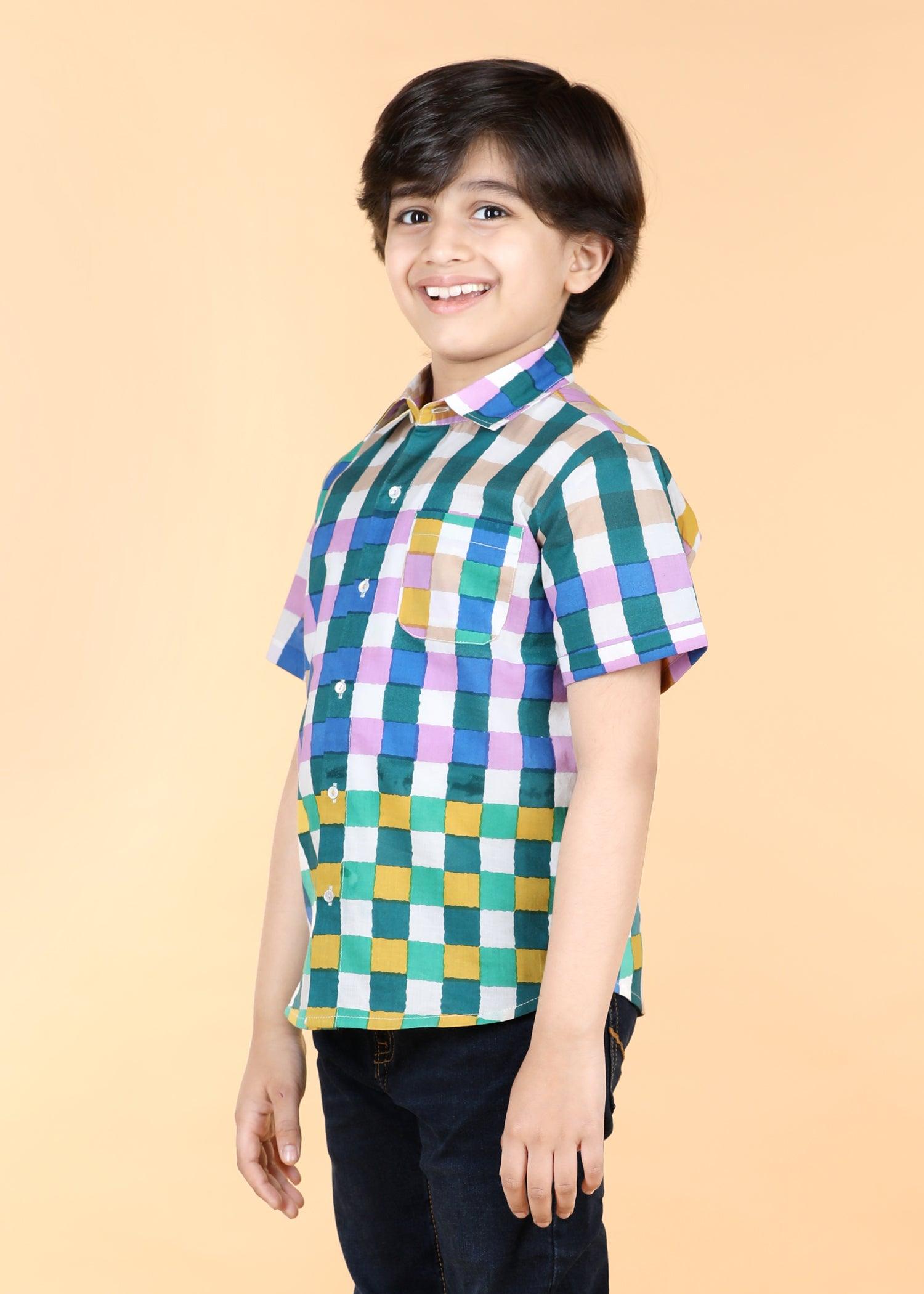 Gingham Multi Green Cotton Half Sleeve Round Hem Shirt Boys (6 Months -12 Yrs) Ratan Texprocess Pvt. Ltd