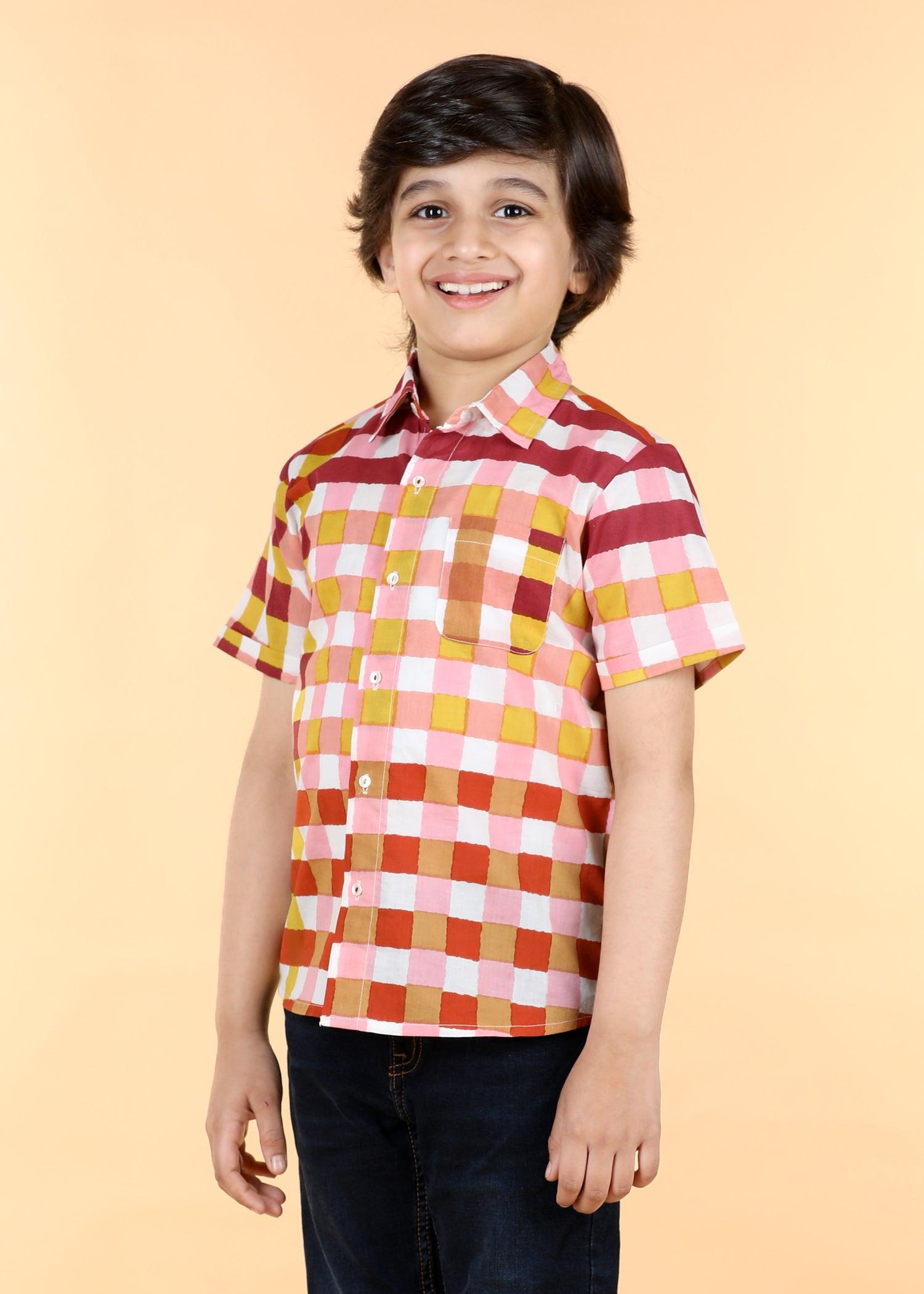 Gingham Mocha Cotton Half Sleeve Round Hem Shirt Boys (6 Months -12 Yrs) Ratan Texprocess Pvt. Ltd