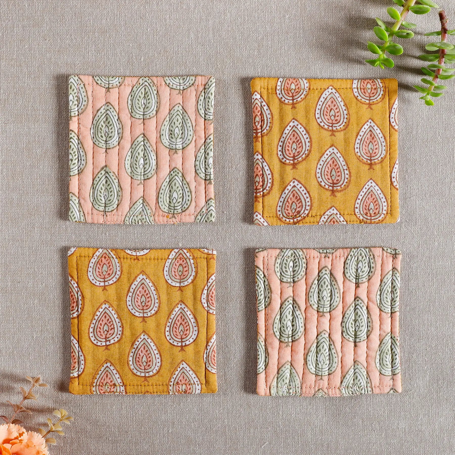 Leaf Peach Cotton Quilted Coaster (Set Of 4)