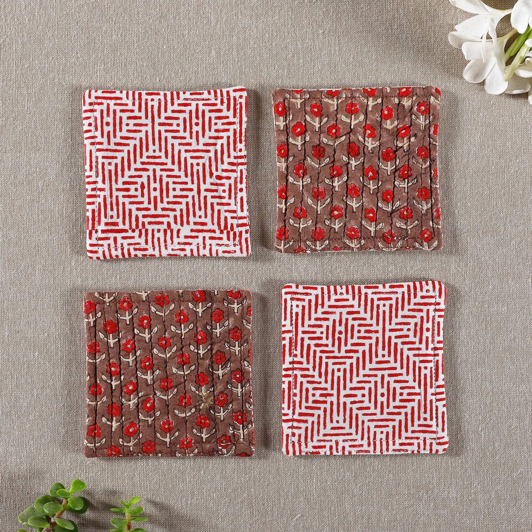 Bloom Brown Cotton Quilted Coaster (Set Of 4)