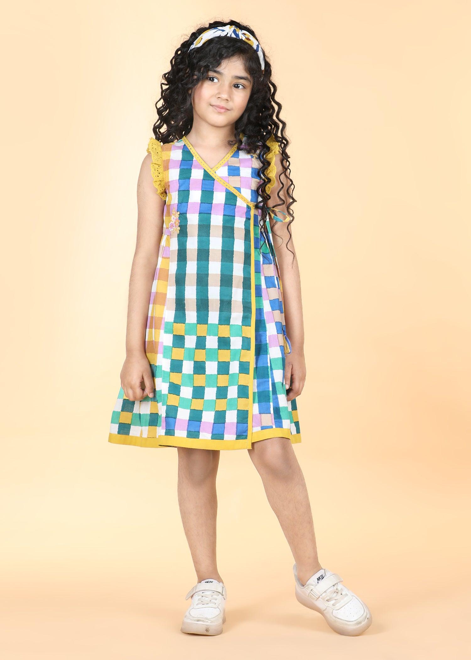 Gingham Multi Cotton Angrakha Dress Girls (6 Months -12 Yrs) Ratan Texprocess Pvt. Ltd