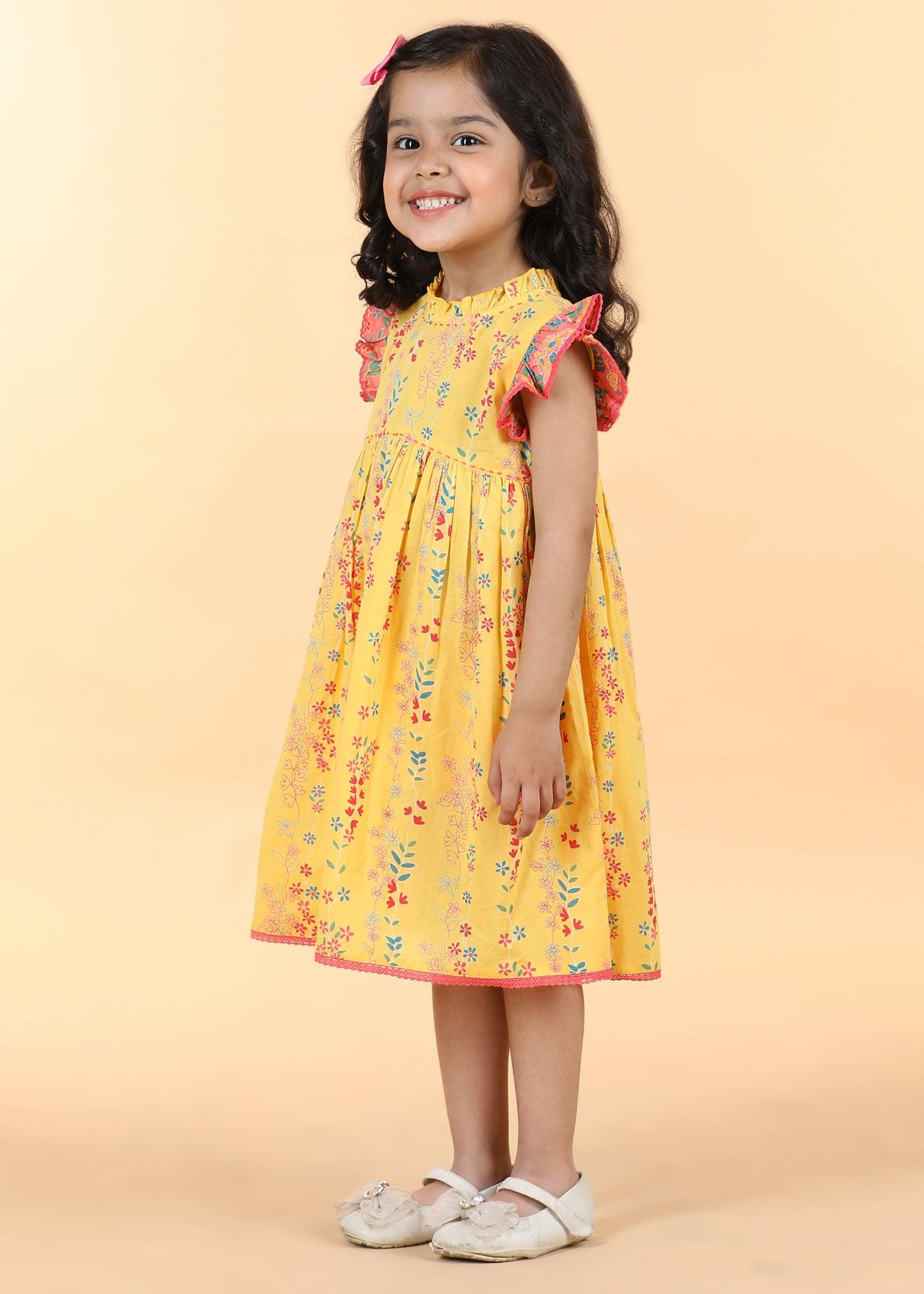 Yellow Cotton Takshita Dress Girls (6 Months -12 Yrs) Ratan Texprocess Pvt. Ltd