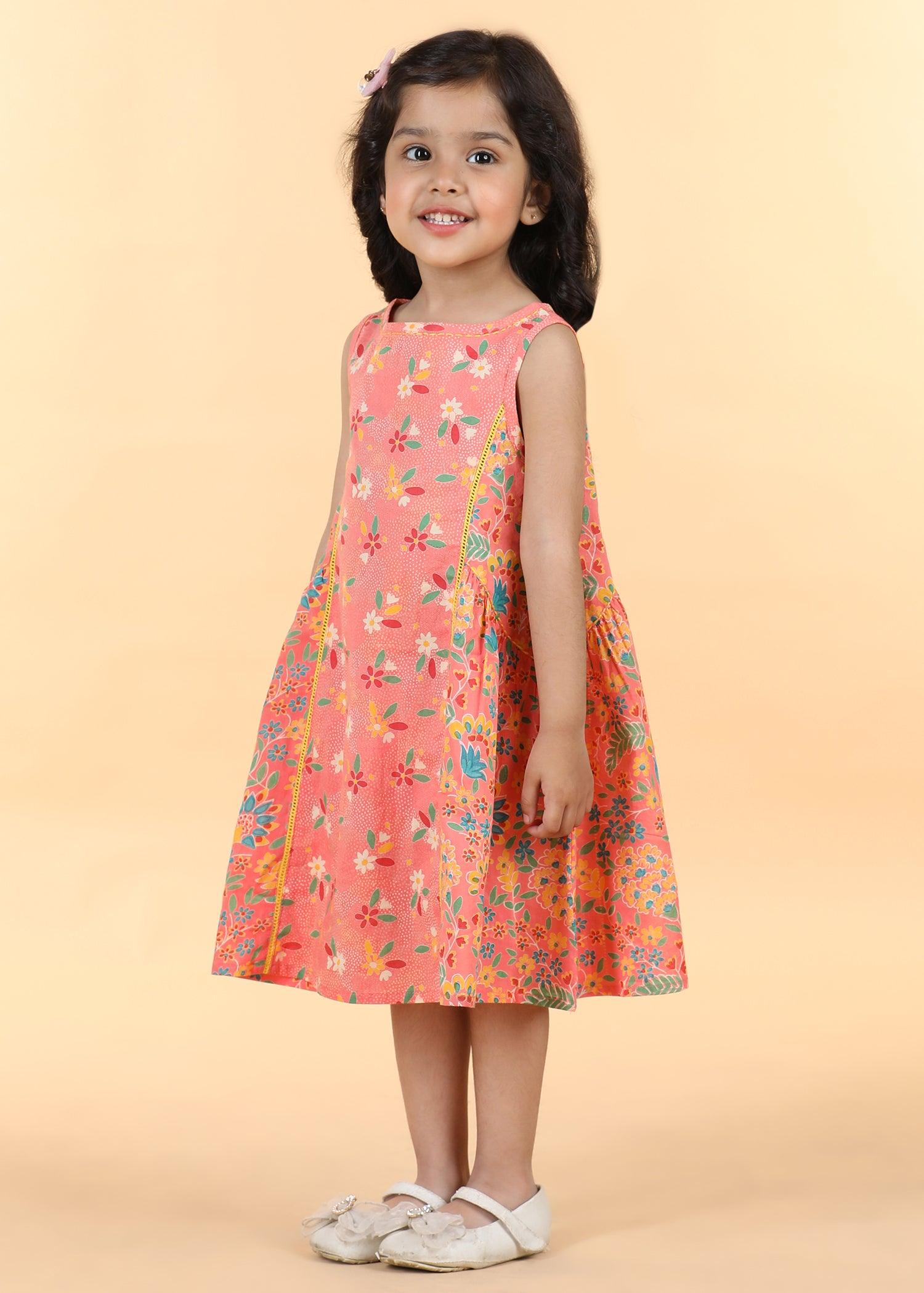 Peach Cotton Panelled Dress Girls (6 Months -12 Yrs) Ratan Texprocess Pvt. Ltd