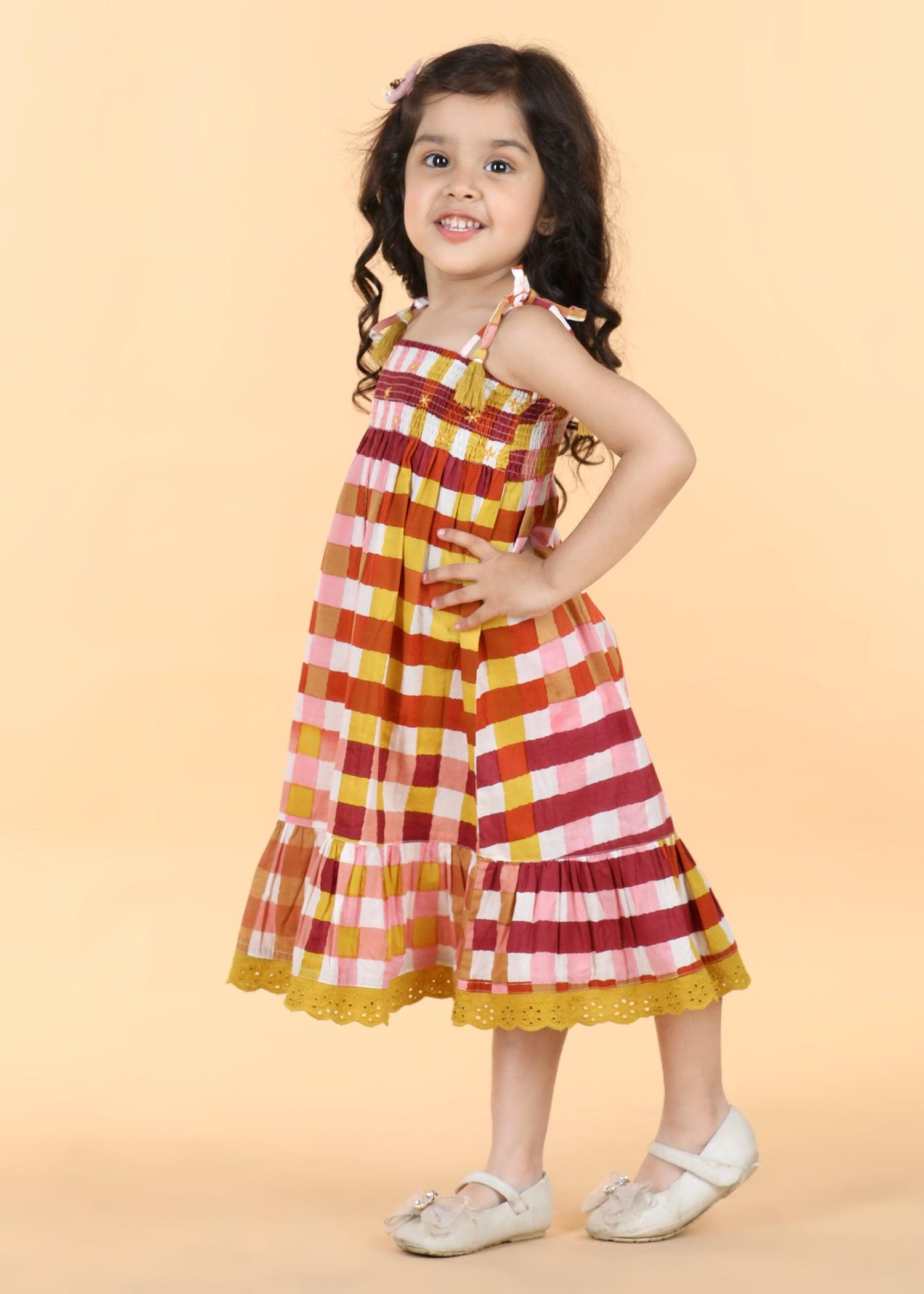 Gingham Mocha Cotton Sunflower Dress Girls (6 Months -12 Yrs) Ratan Texprocess Pvt. Ltd