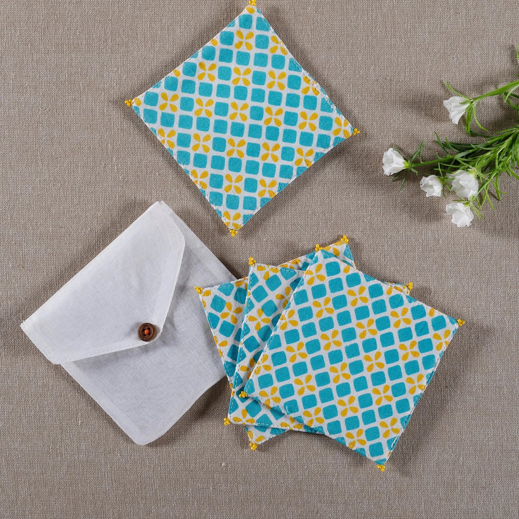 Diamond Yellow/Blue Cotton Coaster (Set Of 4)