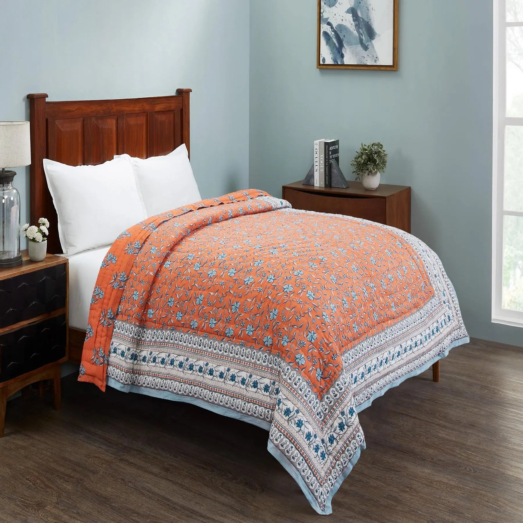 Naqaashi Orange Hand Screen Print Cotton AC Quilt