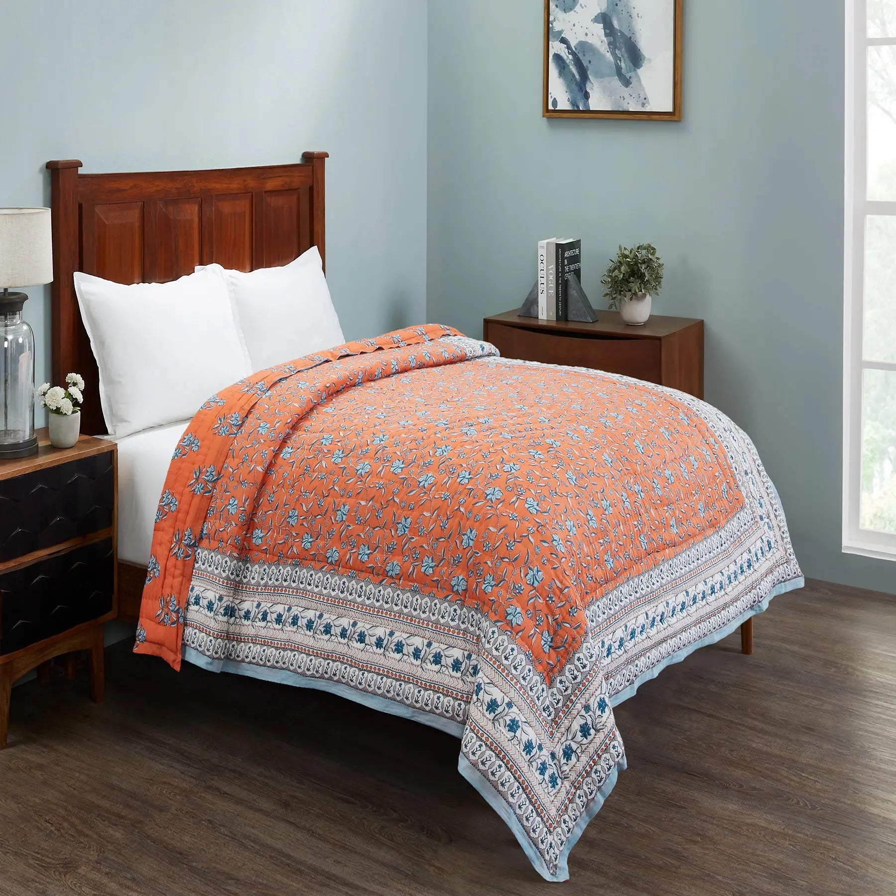 Naqaashi Orange Hand Screen Print Lightweight Cotton Quilt