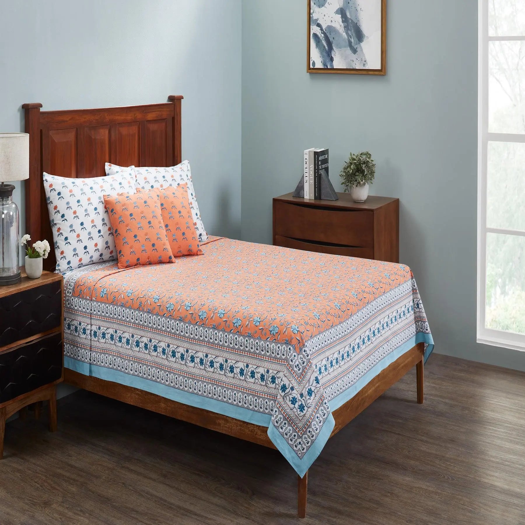 Naqaashi Orange Hand Screen Print Cotton Bedcover