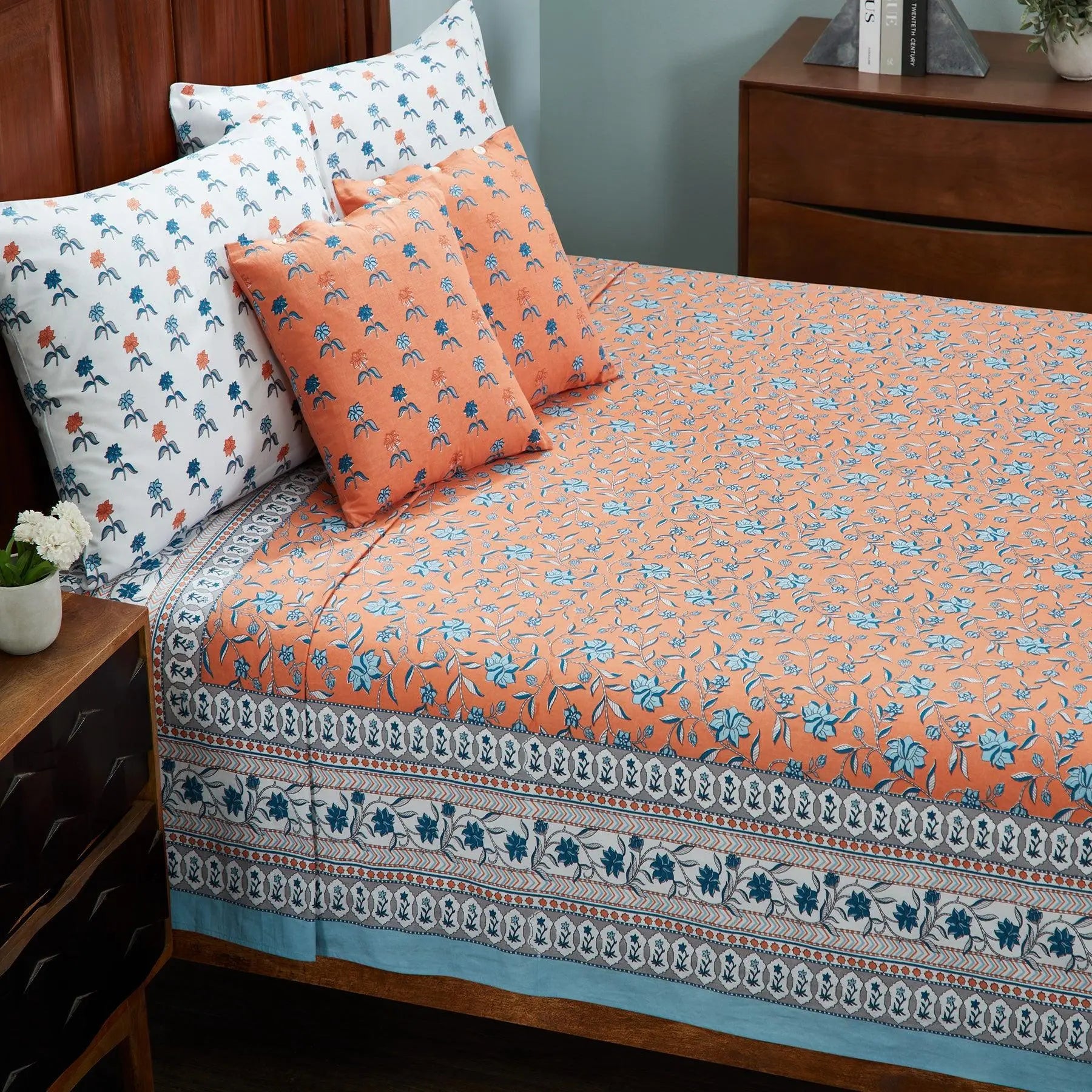 Naqaashi Orange Hand Screen Print Cotton Bedcover