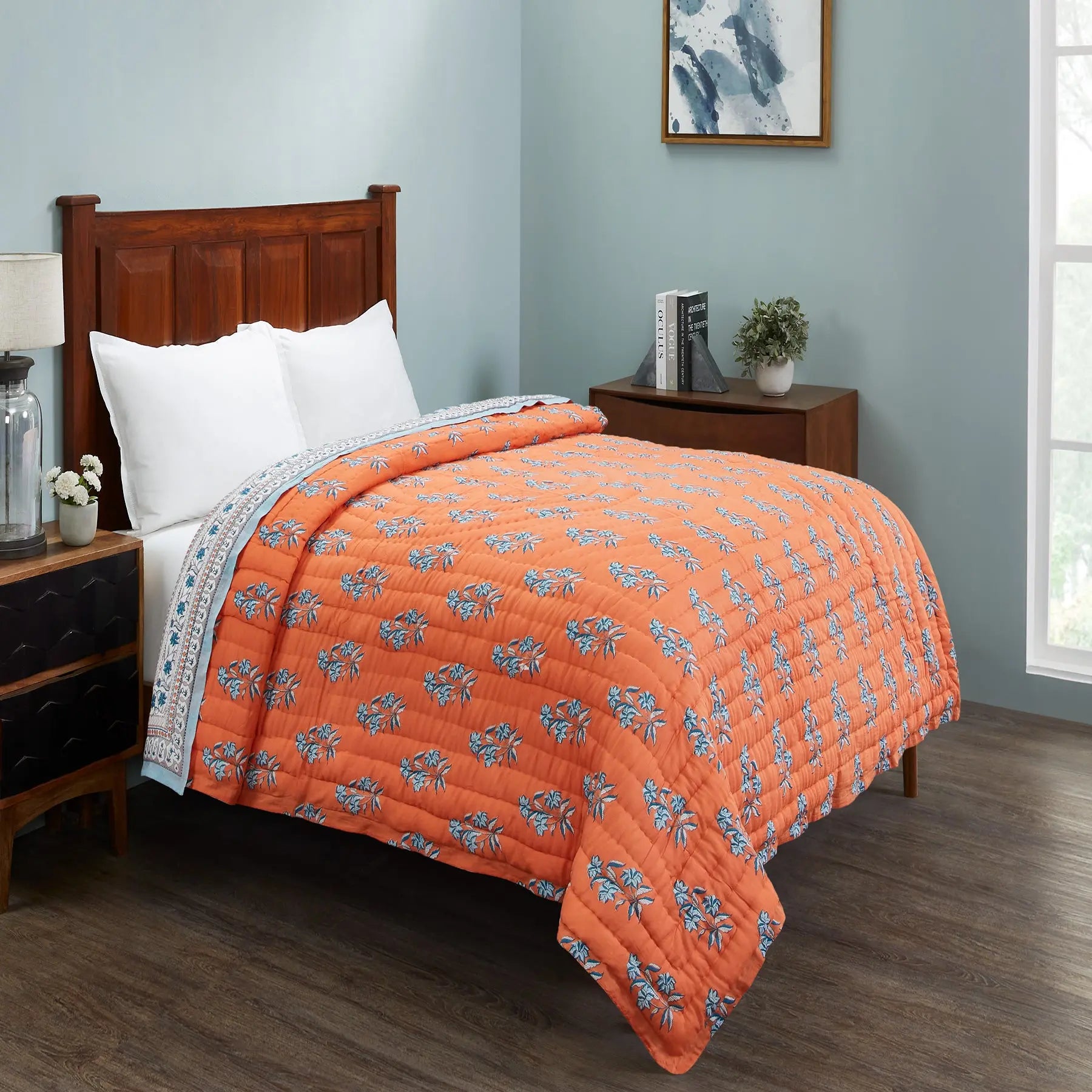 Naqaashi Orange Hand Screen Print Extra Cotton Quilt