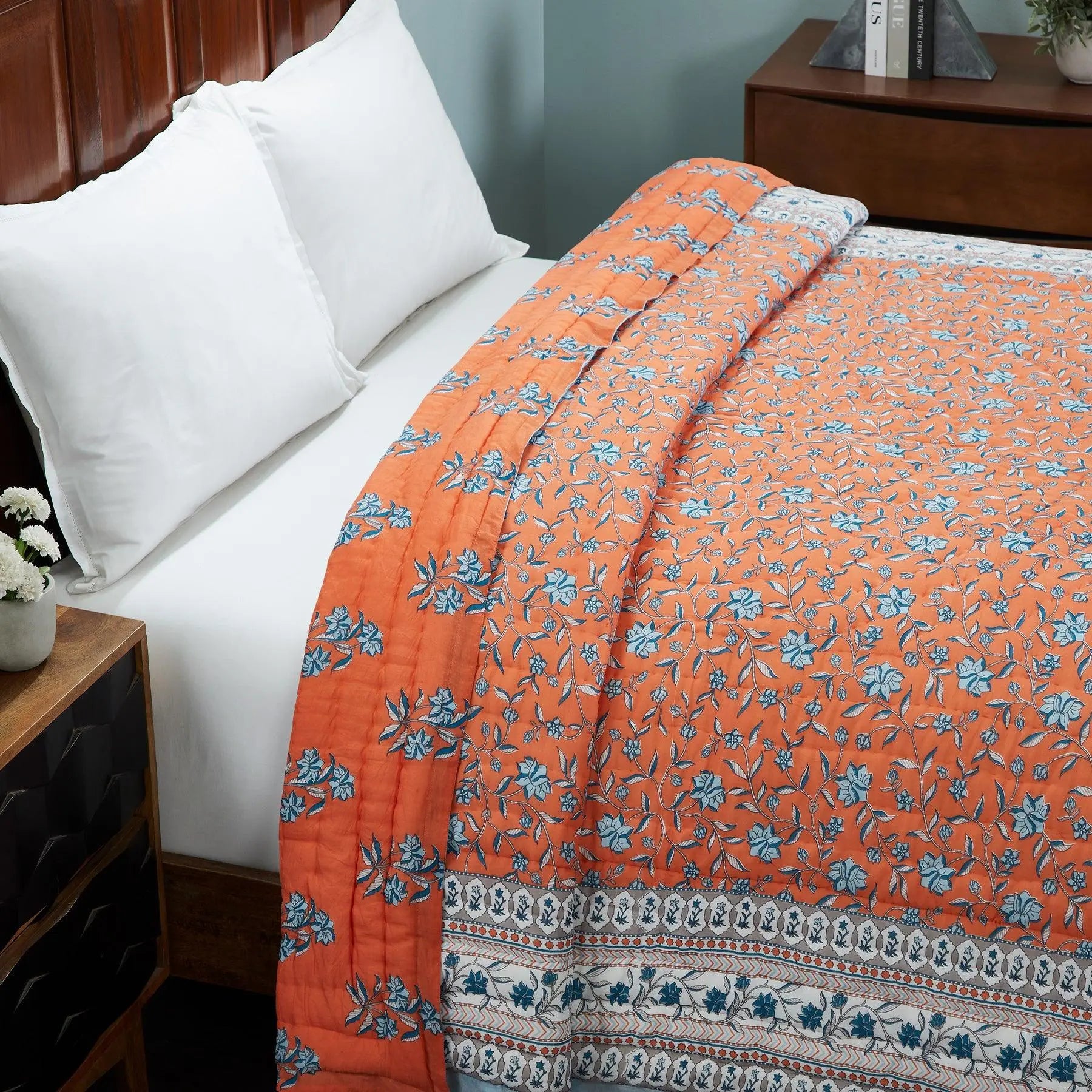 Naqaashi Orange Hand Screen Print Cotton AC Quilt