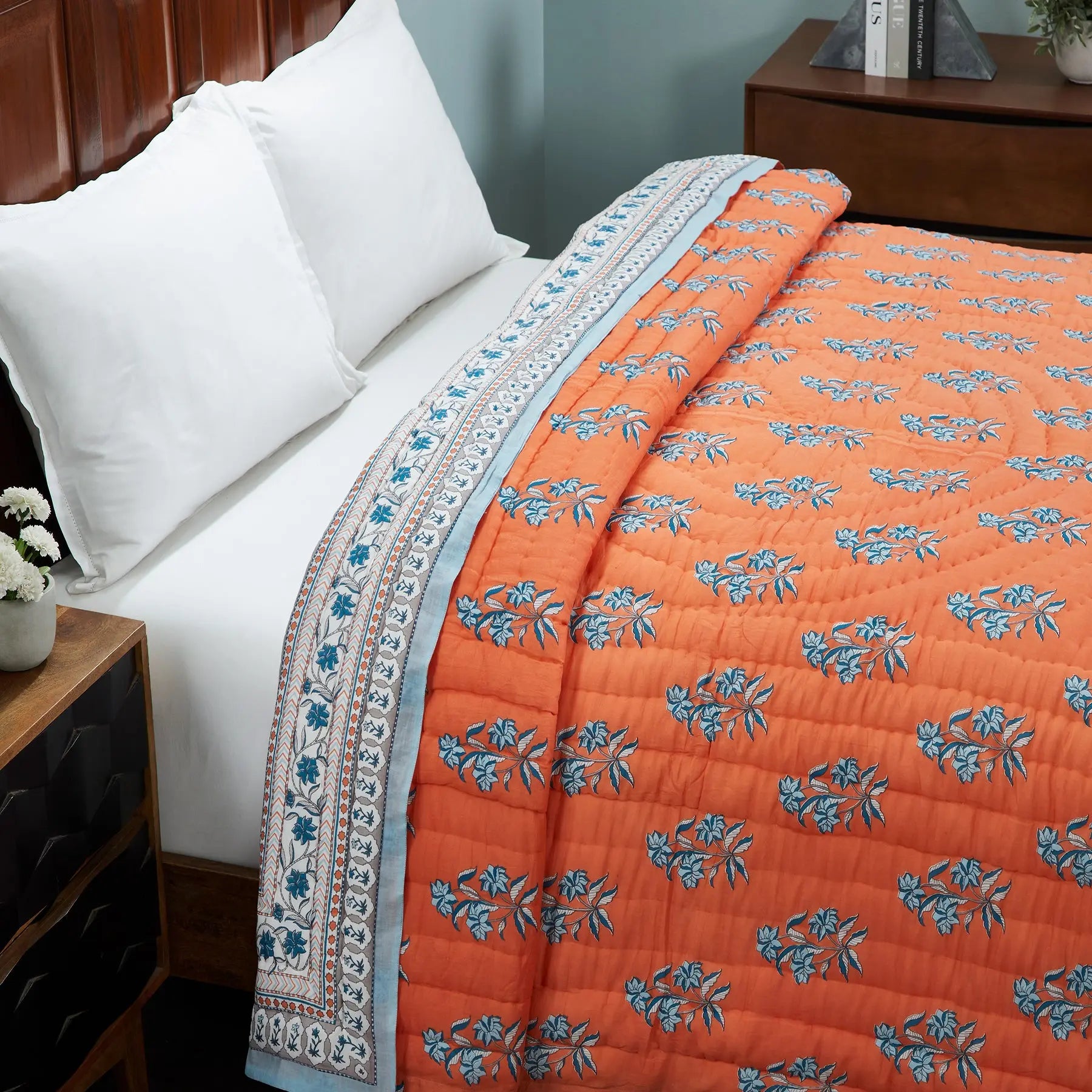 Naqaashi Orange Hand Screen Print Extra Cotton Quilt