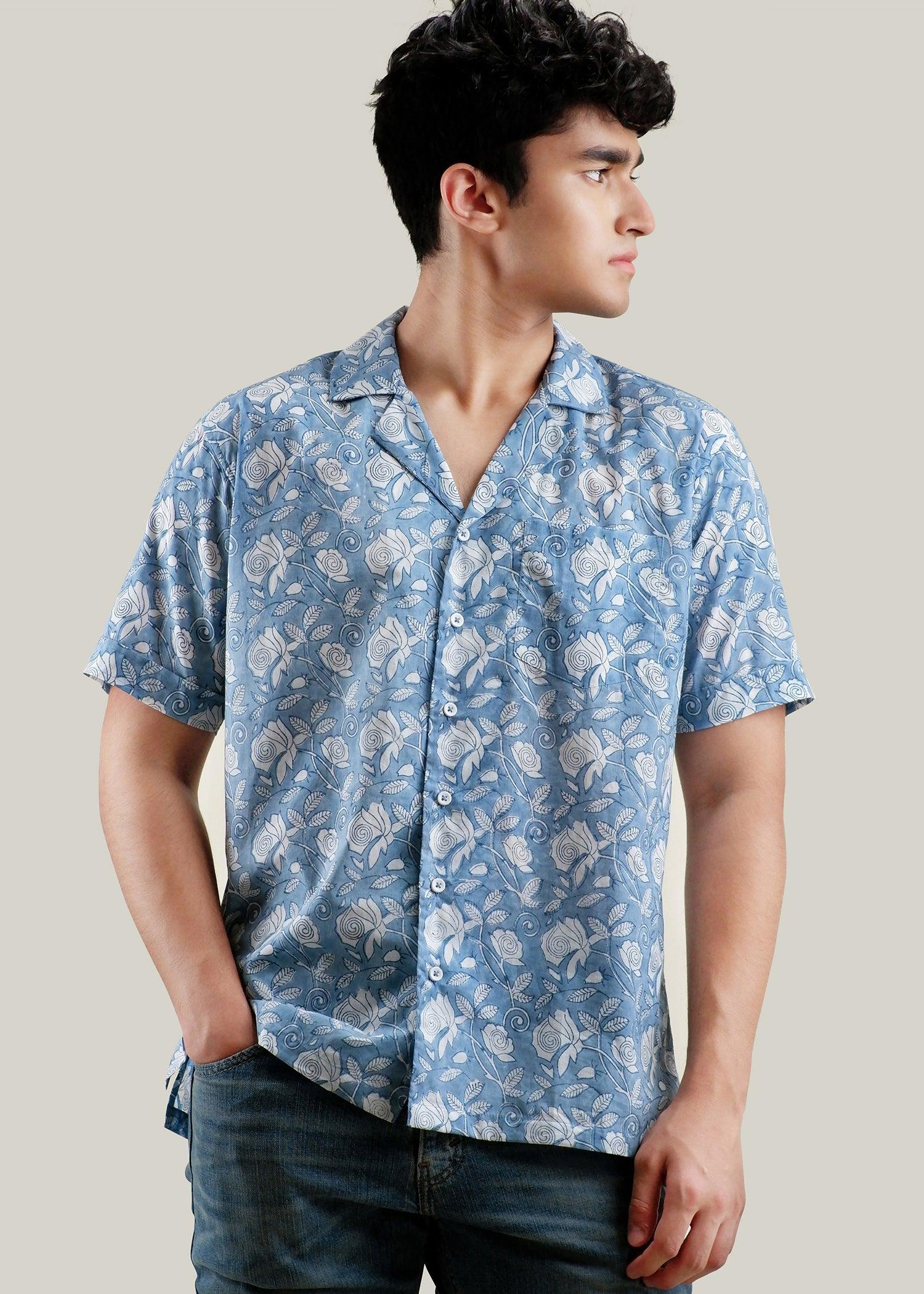 Blue Regular Cotton Half Sleeve Notch Collar Shirt