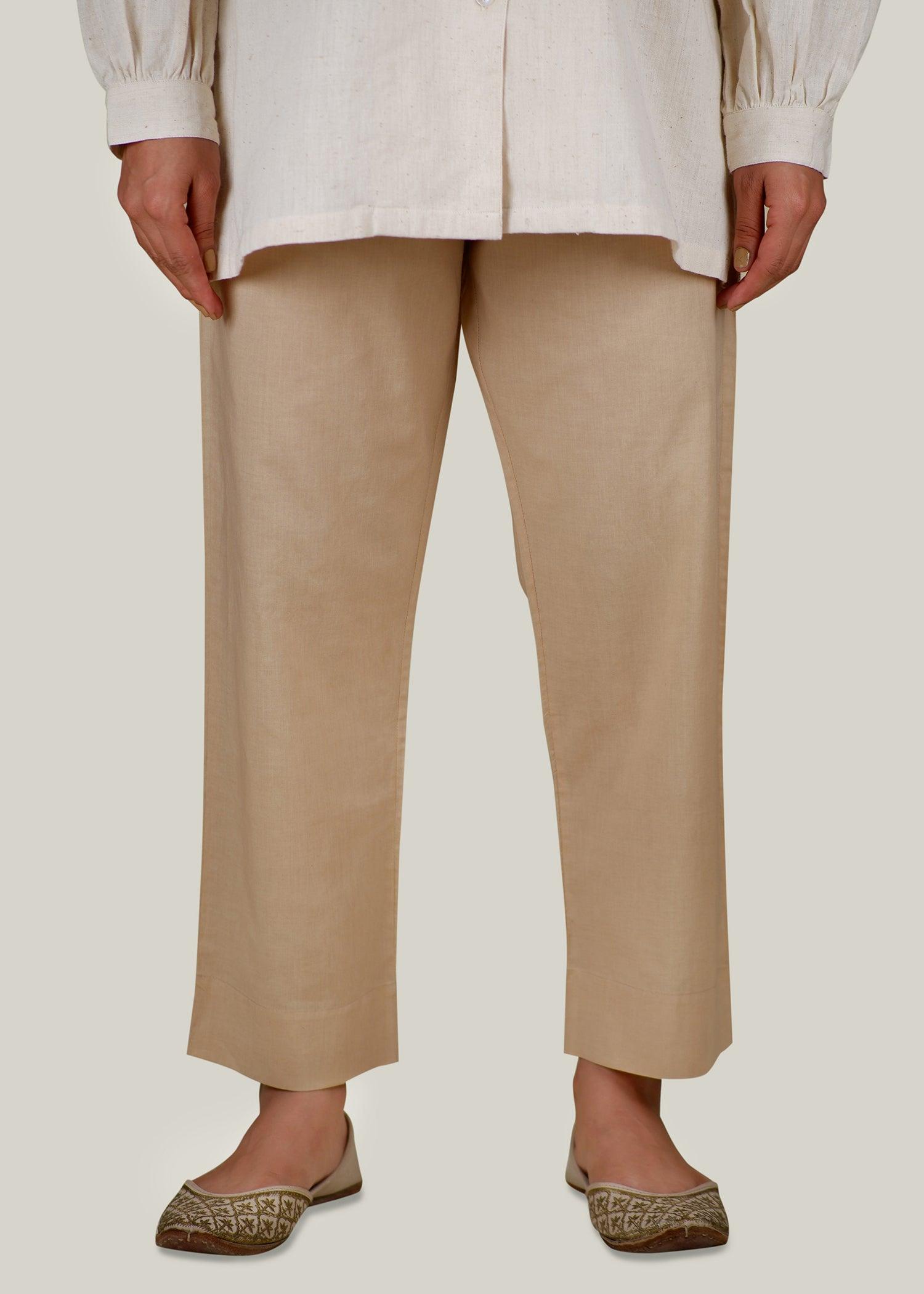 Beige Regular Cotton Tapered Pant