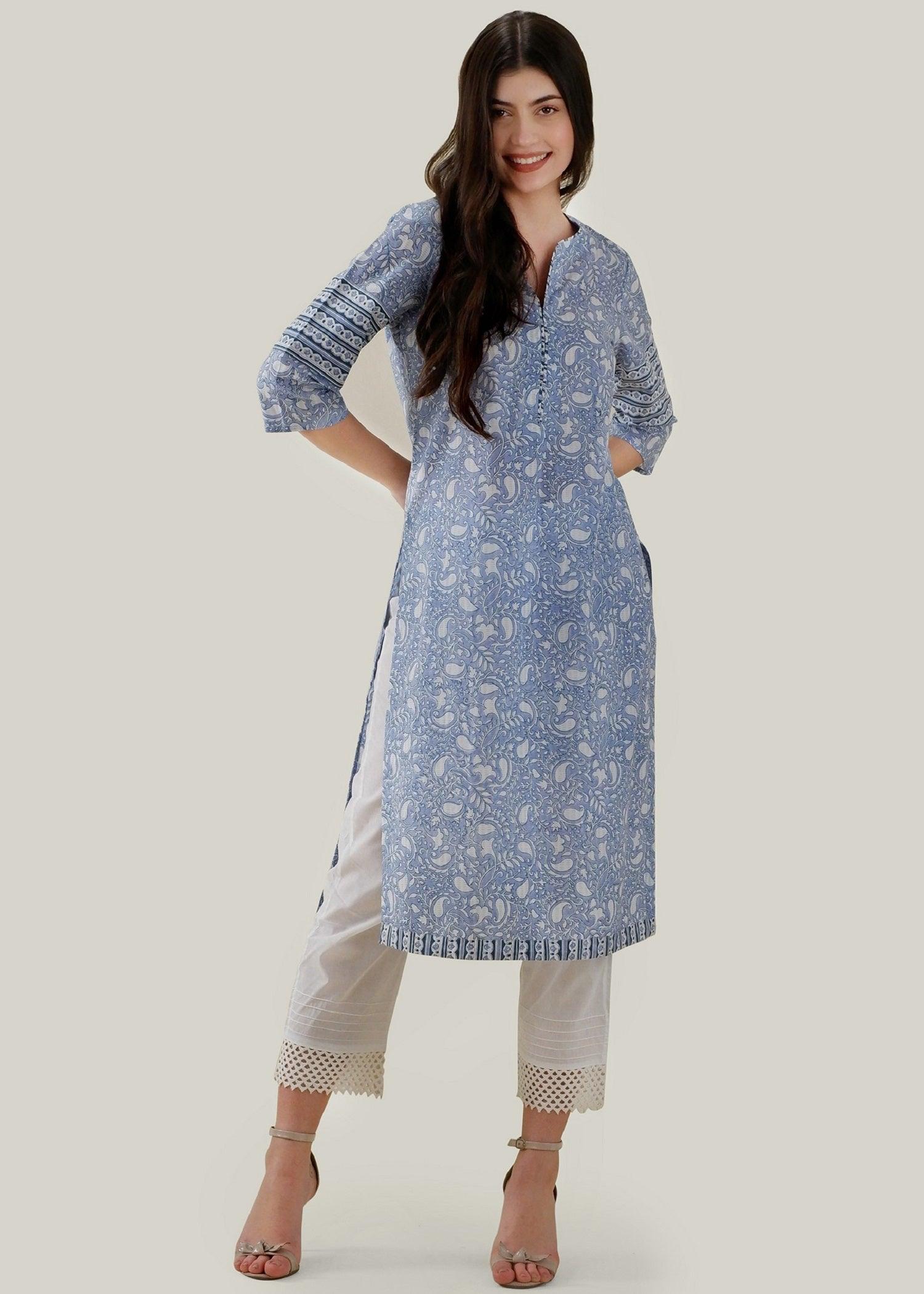 White & Blue Regular Cotton Kurta