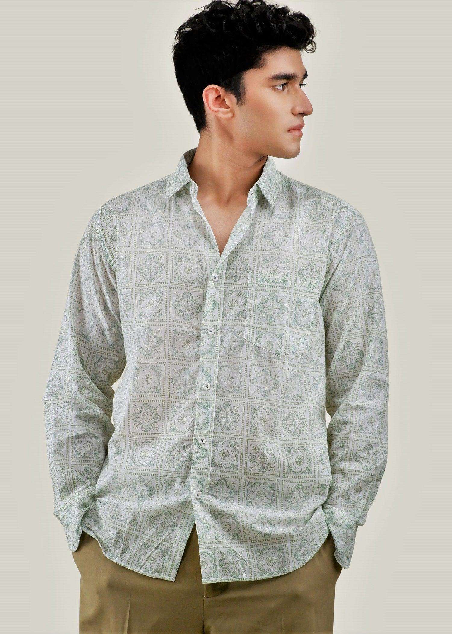 White & Grey Regular Cotton Full Sleeve Shirt