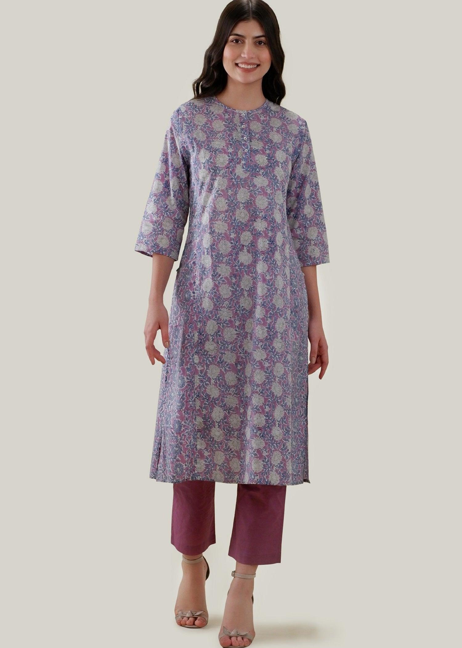 White & Purple Regular Cotton Chikankari Kurta