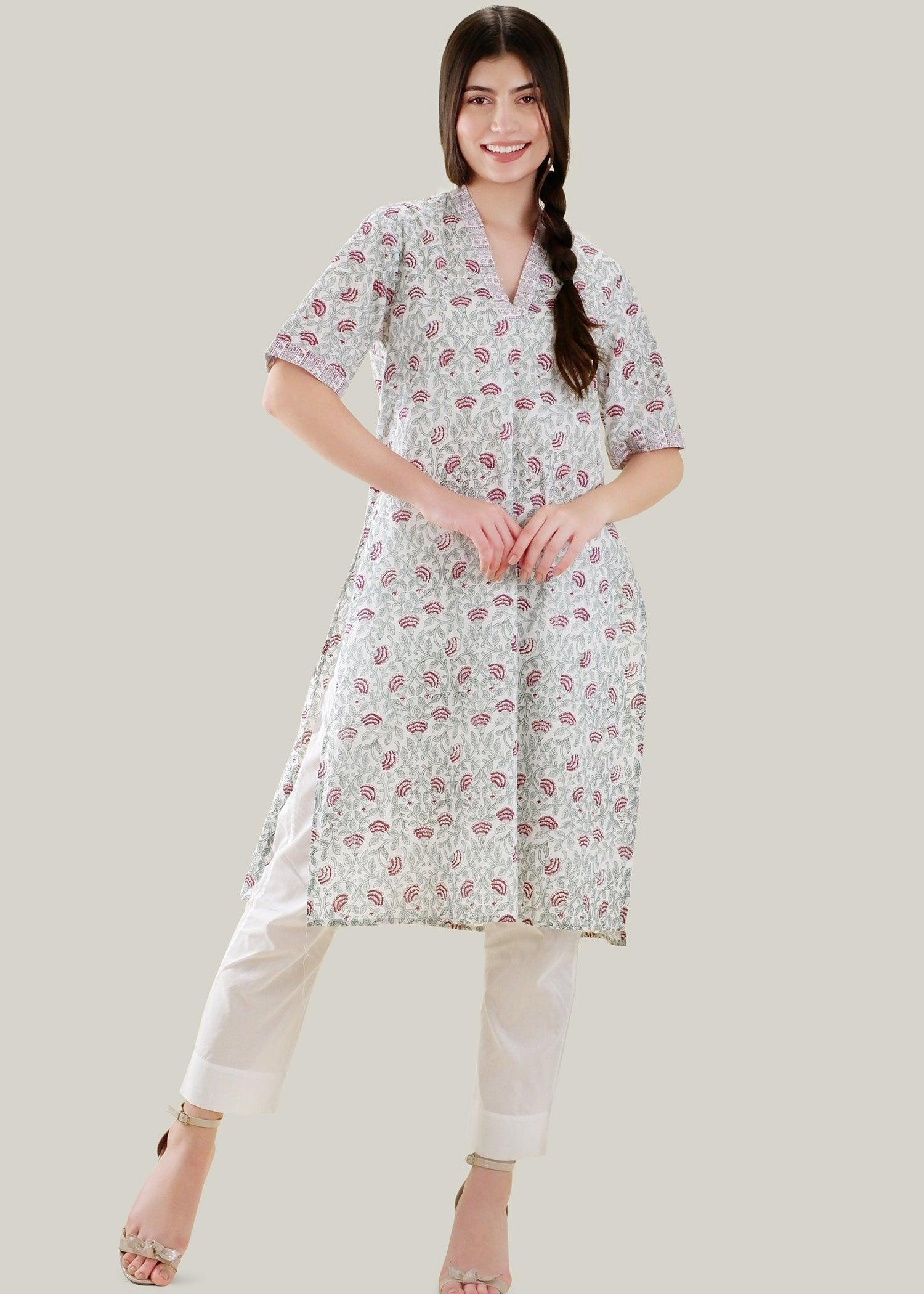 White & Red Loose Cotton Laavanya Kurta