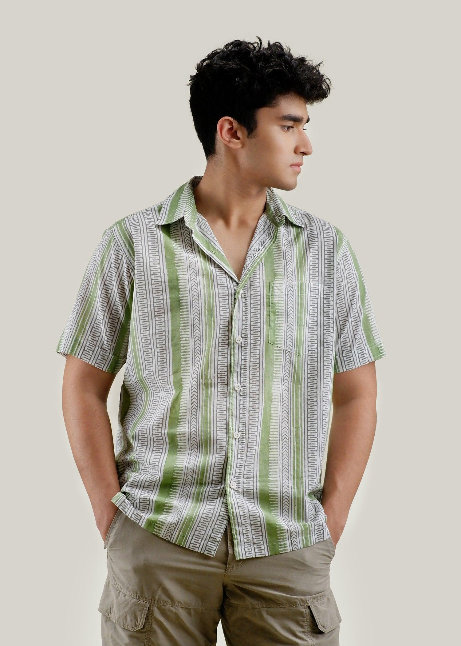 Charcoal & Green Regular Cotton Half Sleeve Shirt