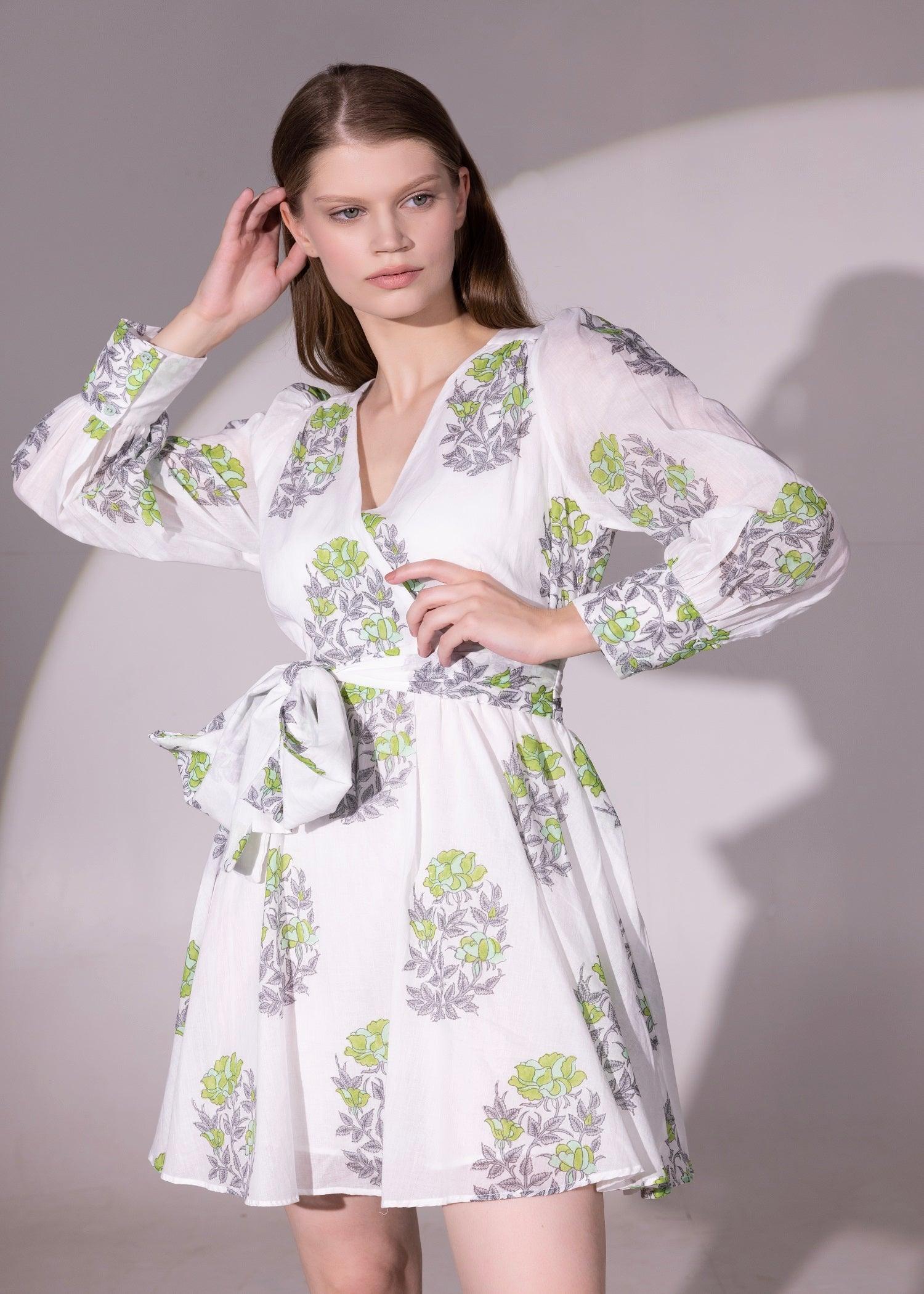 White & Leaf Green Flared Cotton Wrap Dress