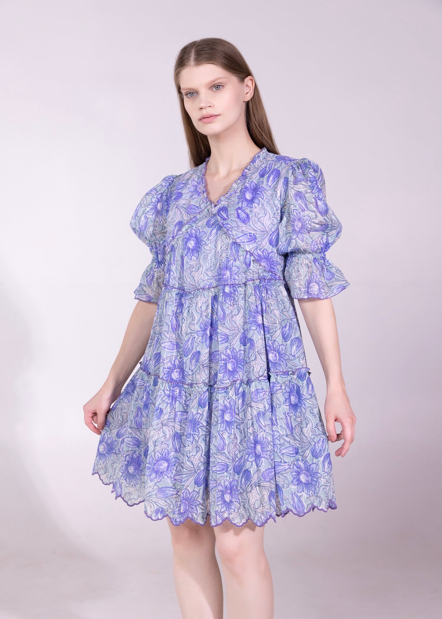 Purple Flared Voile Tier Dress with Puff Sleeve