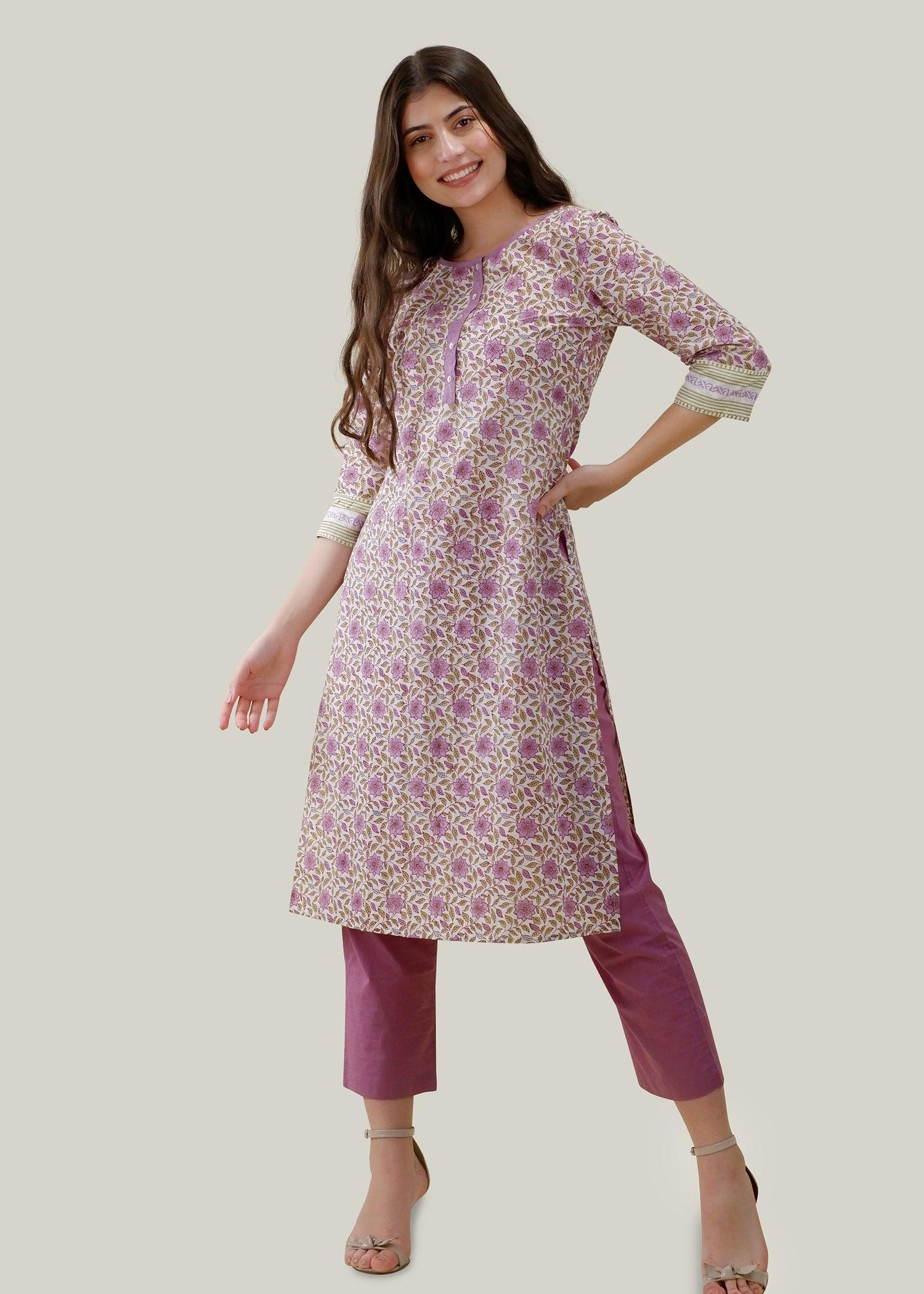 White & Purple Regular Cotton Upasana Kurta