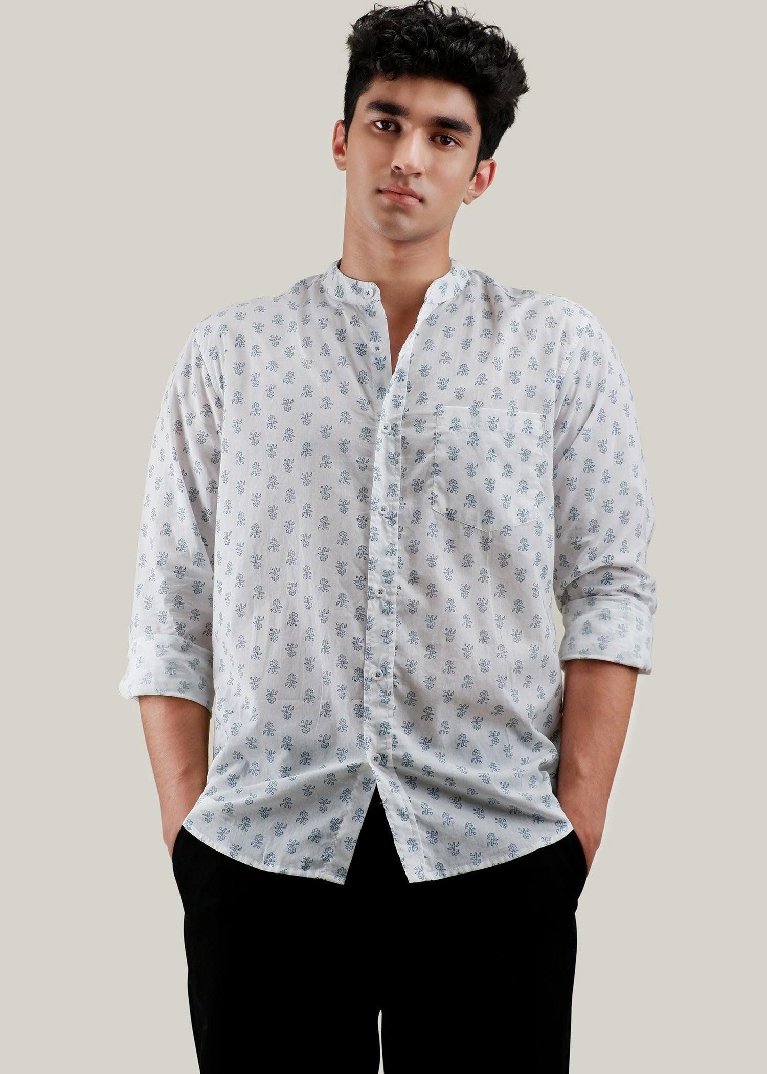 White & Blue Regular Cotton Full Sleeve Chinese Collar Shirt