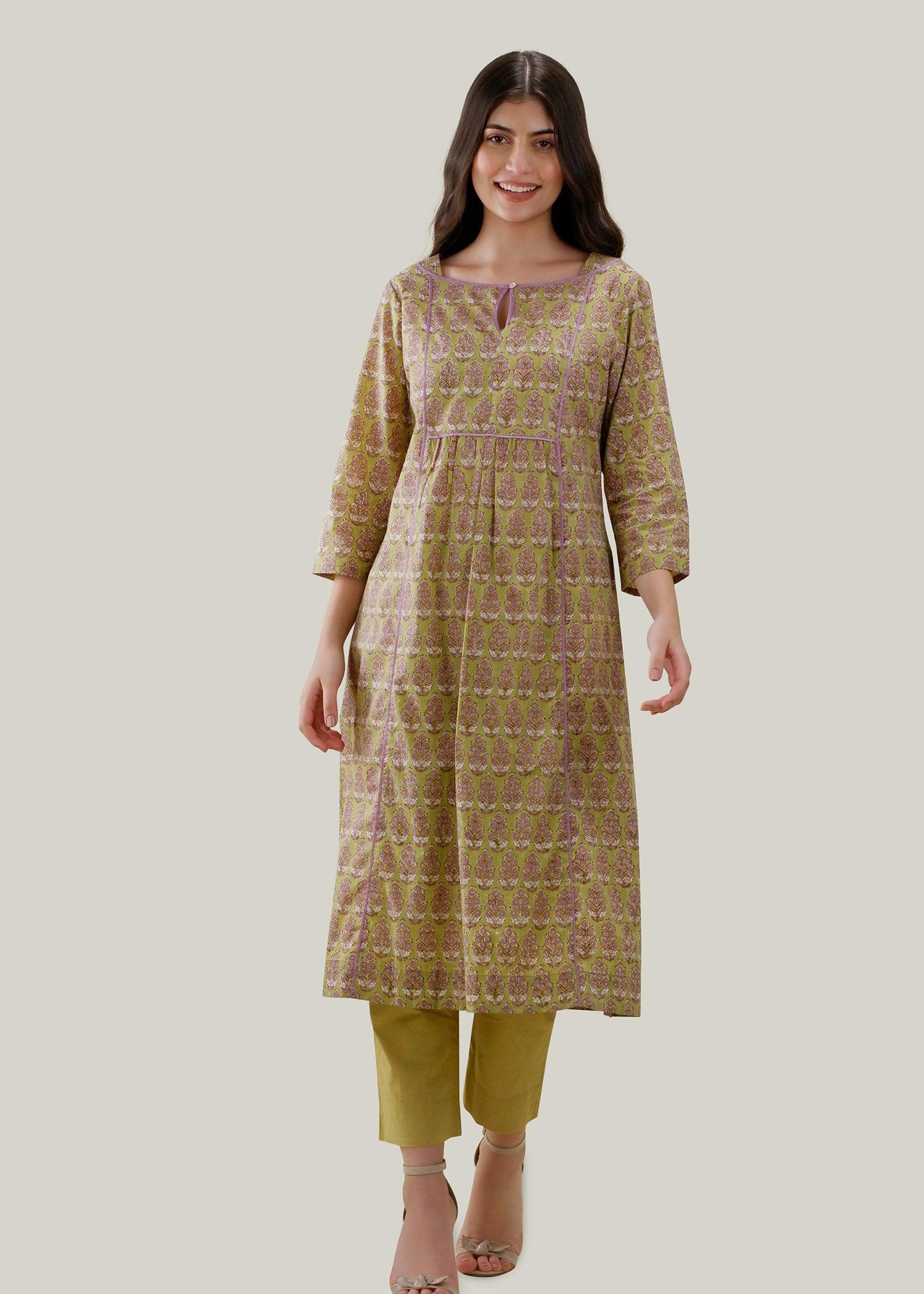 Olive Green Flared Voile Sehar Kurta