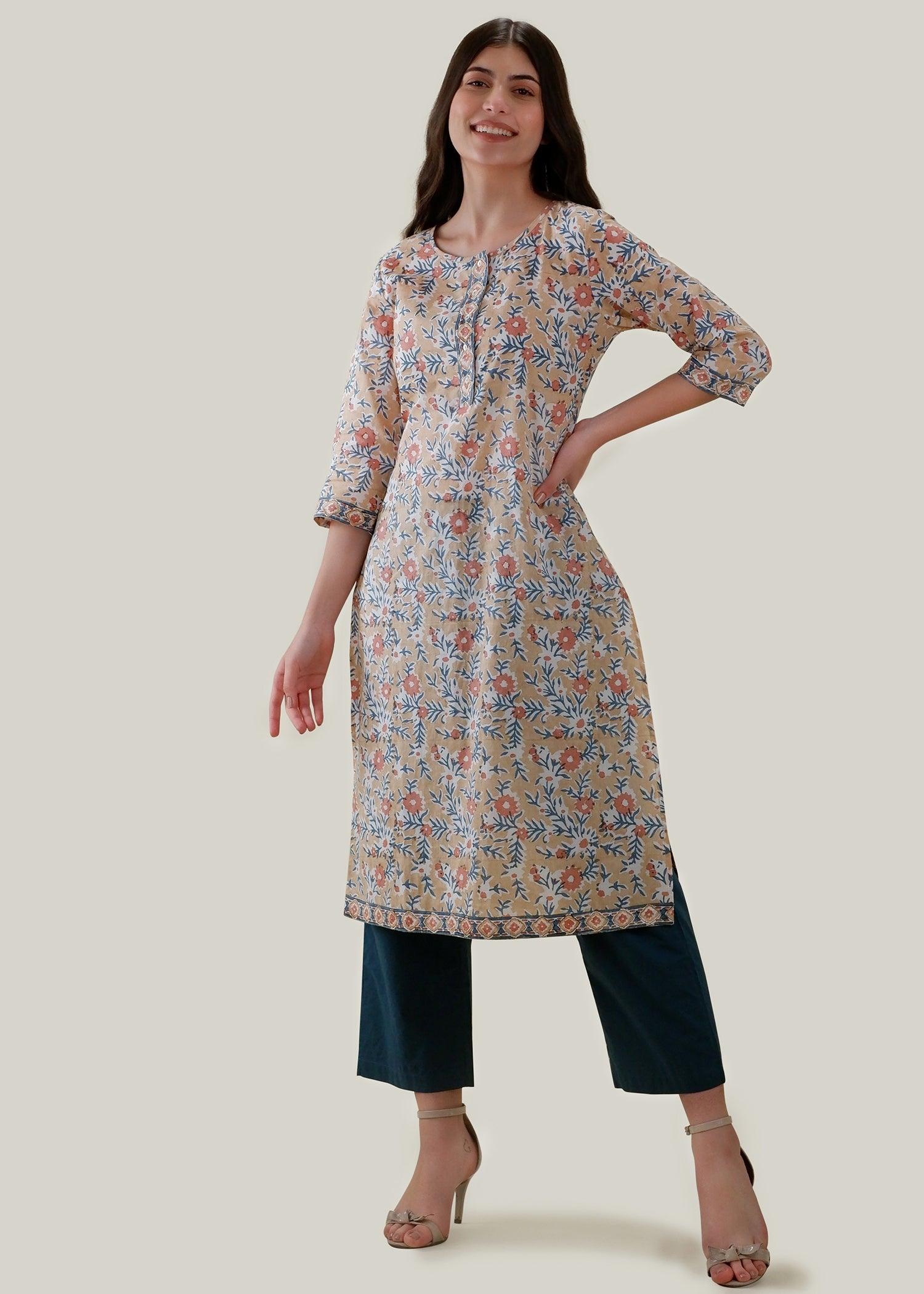 Peach Regular Cotton Upasana Kurta