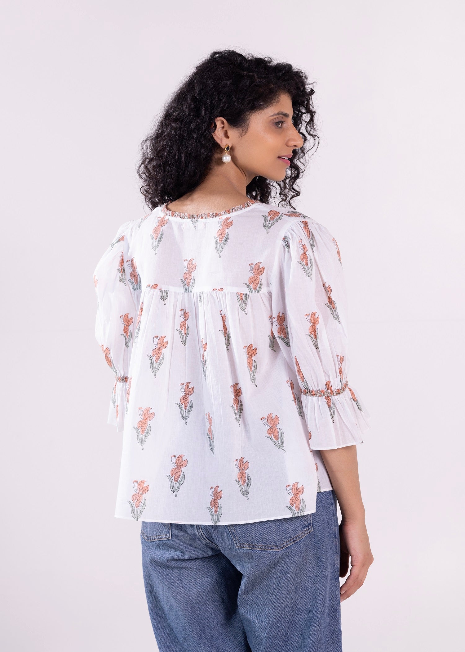 V-Neck Gather Top with Puff Sleeve