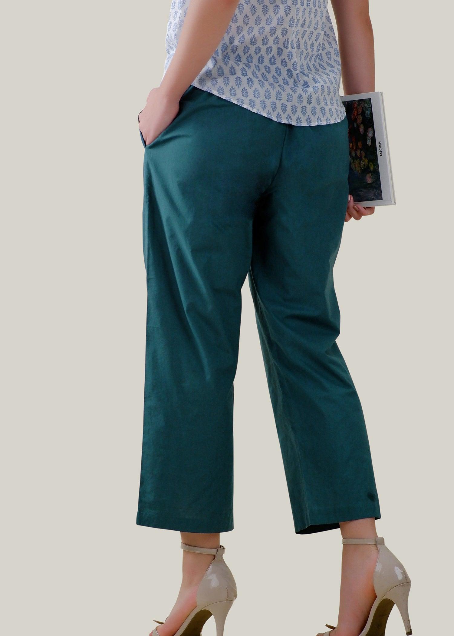 Teal Blue Regular Cotton Loose Pant