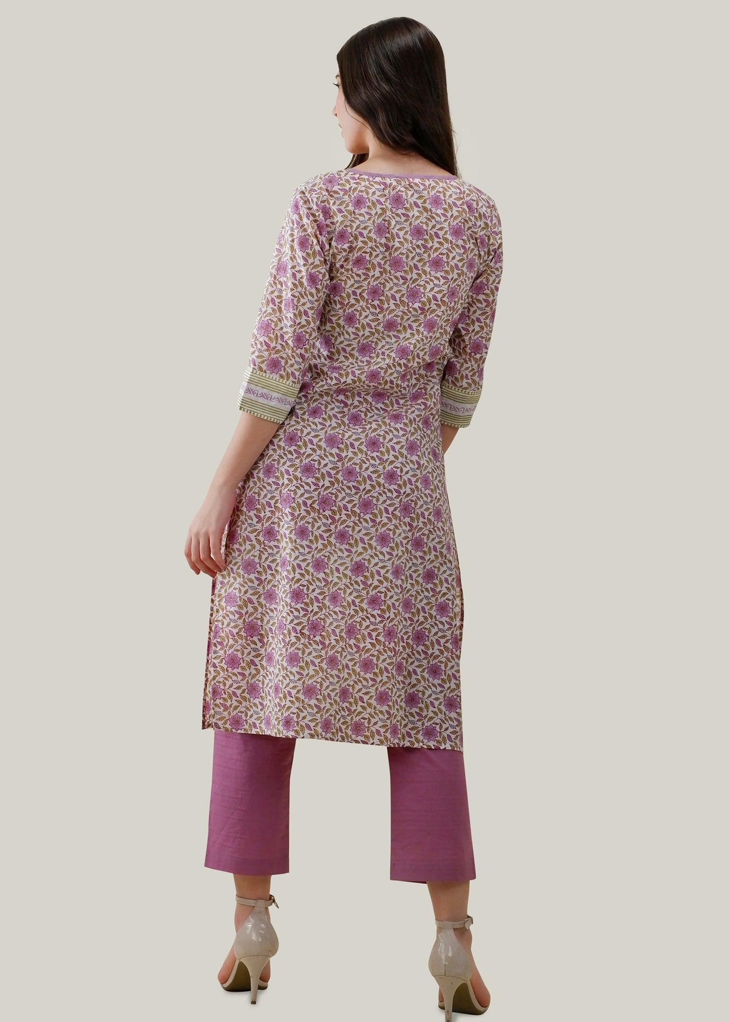 White & Purple Regular Cotton Upasana Kurta